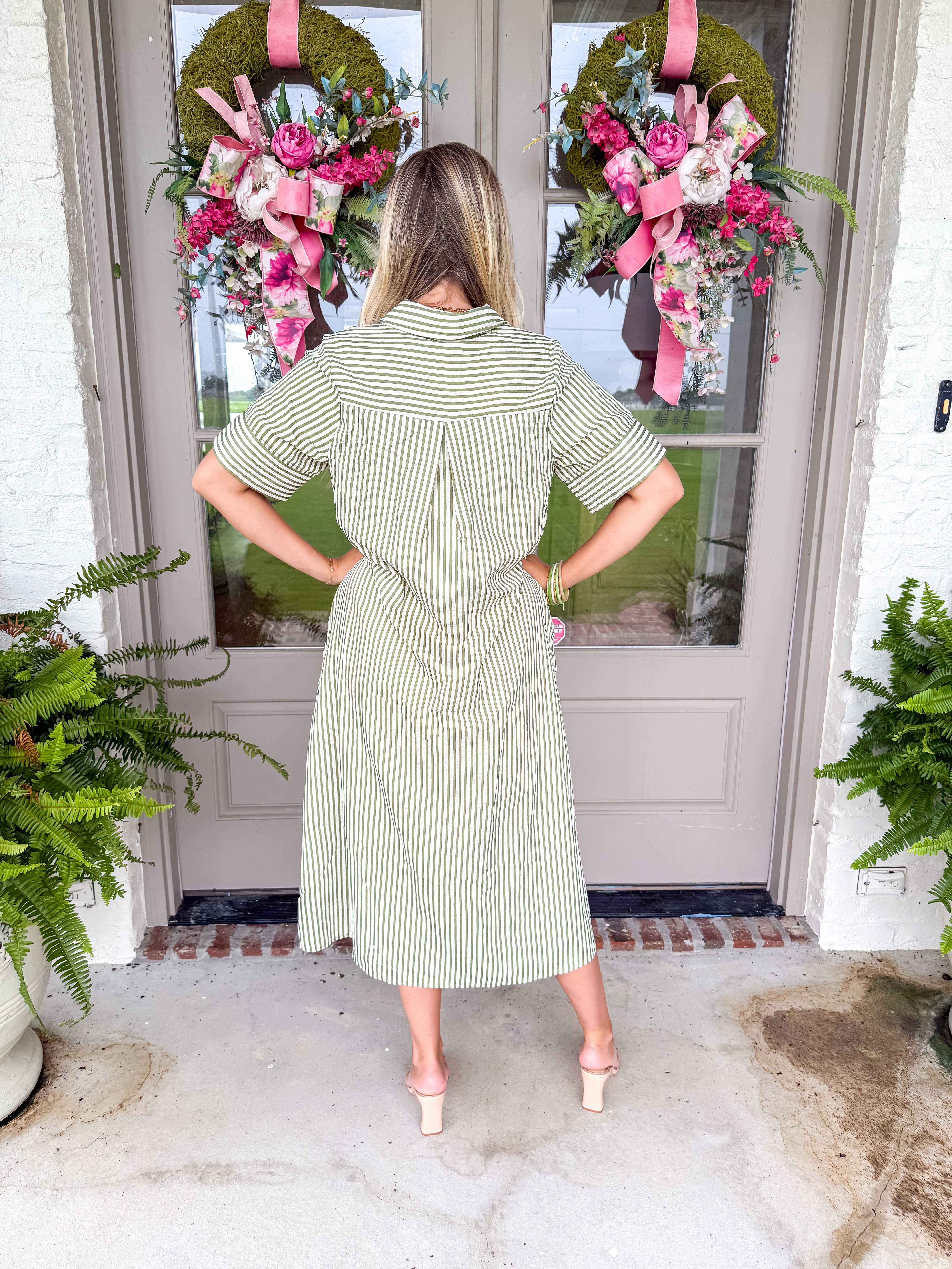 Sun-Washed Stripe Midi Dress Olive