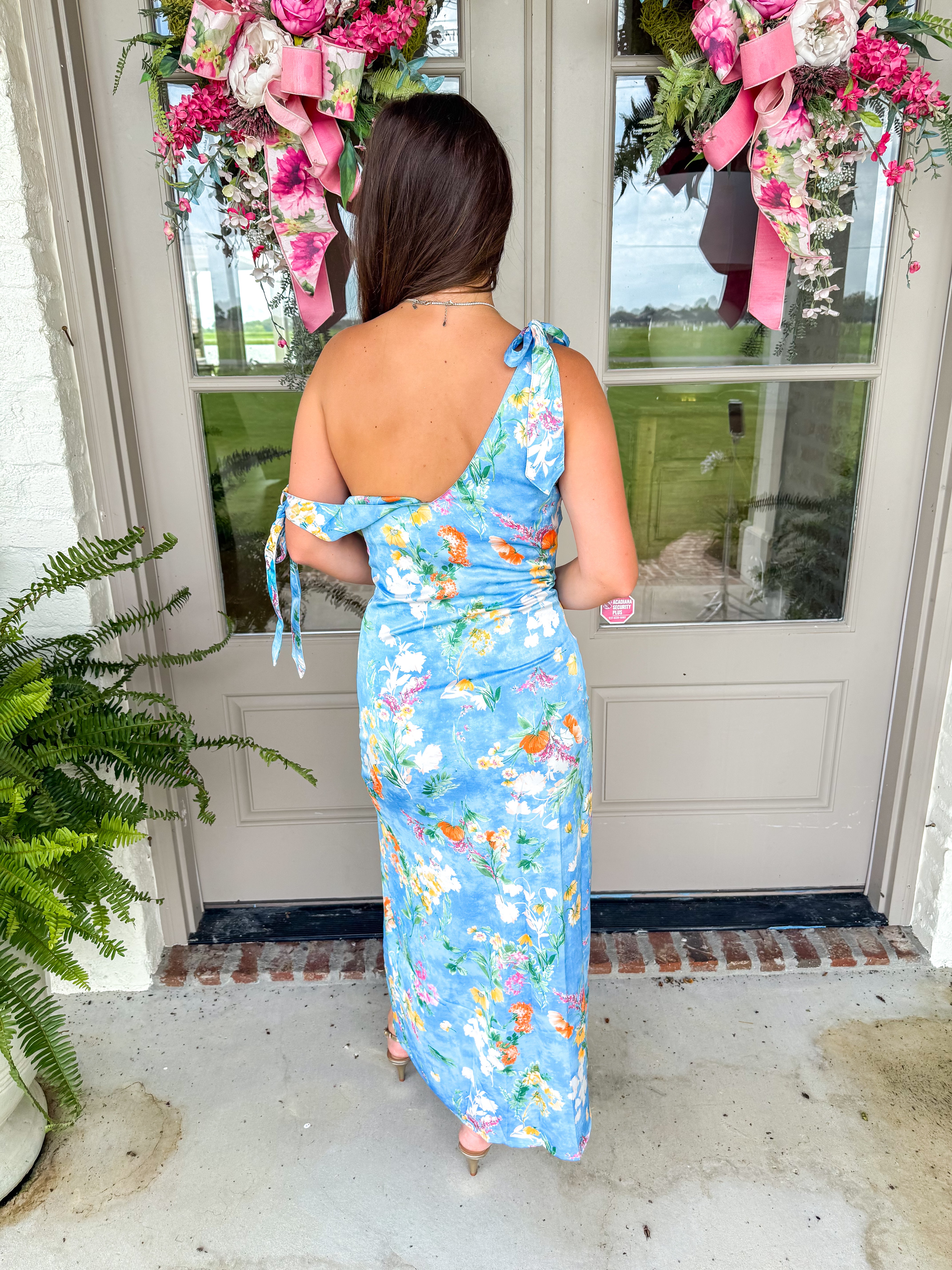 Garden Gala Floral Satin Midi Dress