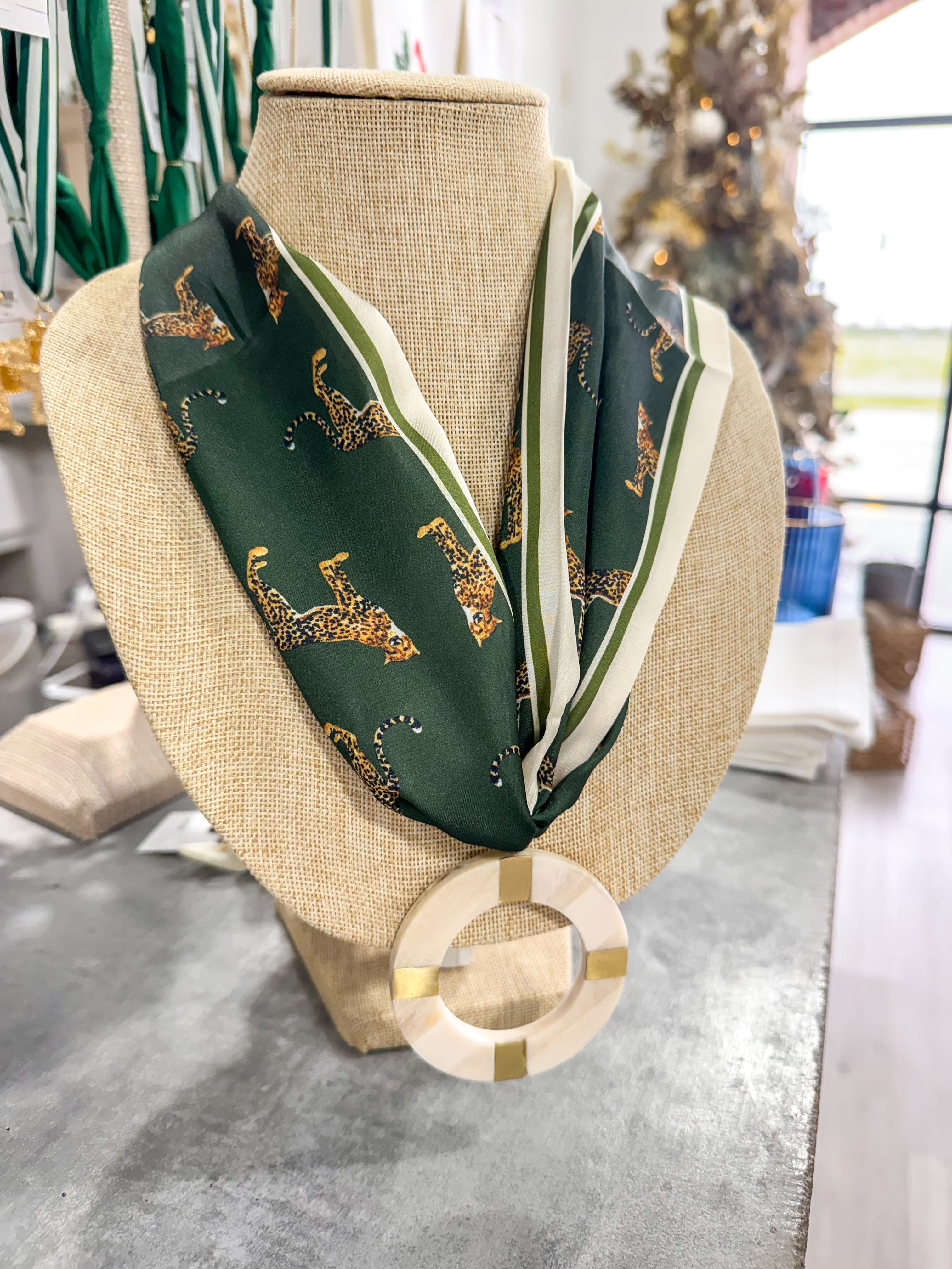 Olive Cheeta Scarf Necklace Ivory Circle Pendant