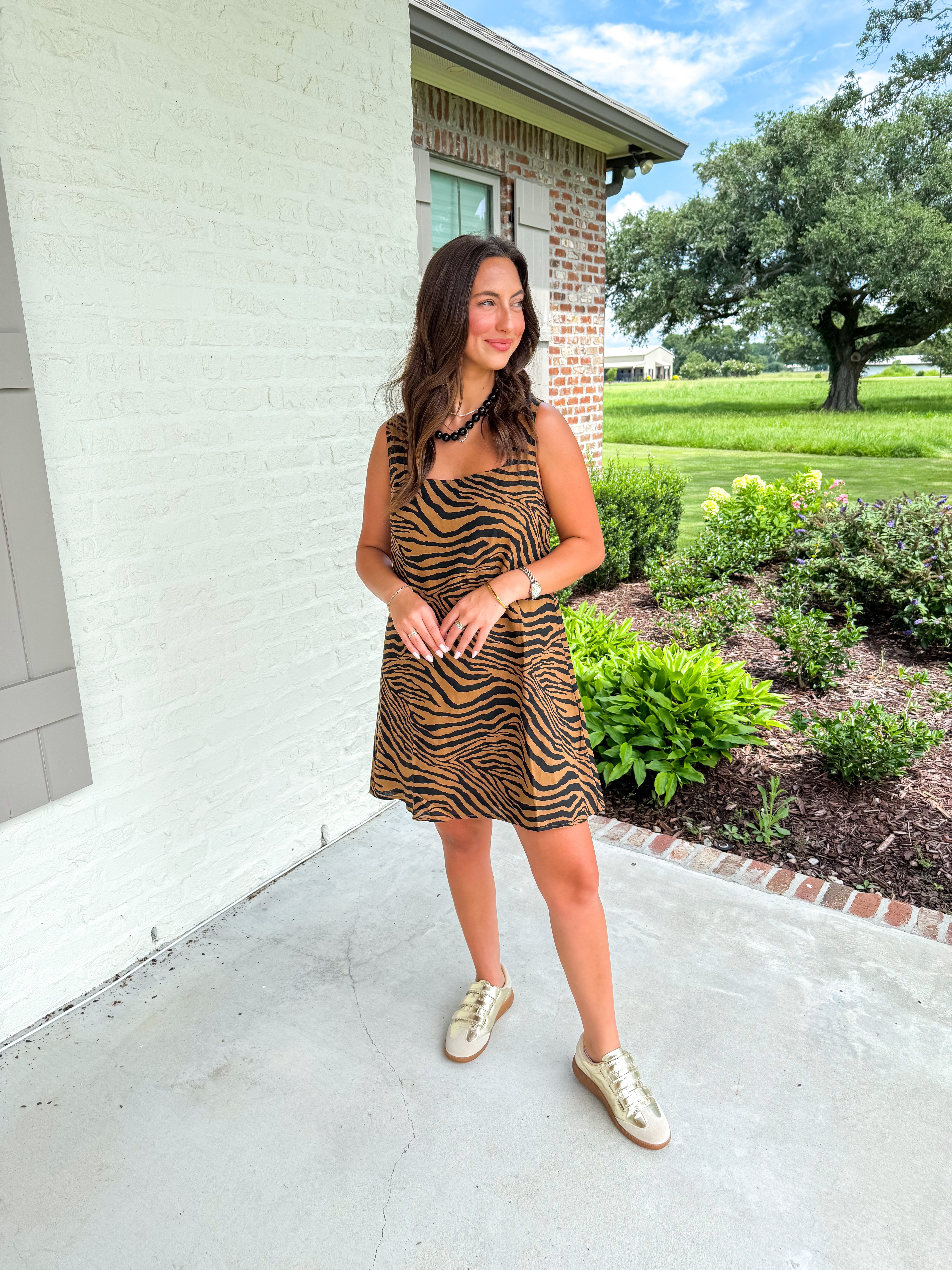 Tiger Print Linen Blend Swing Mini Dress