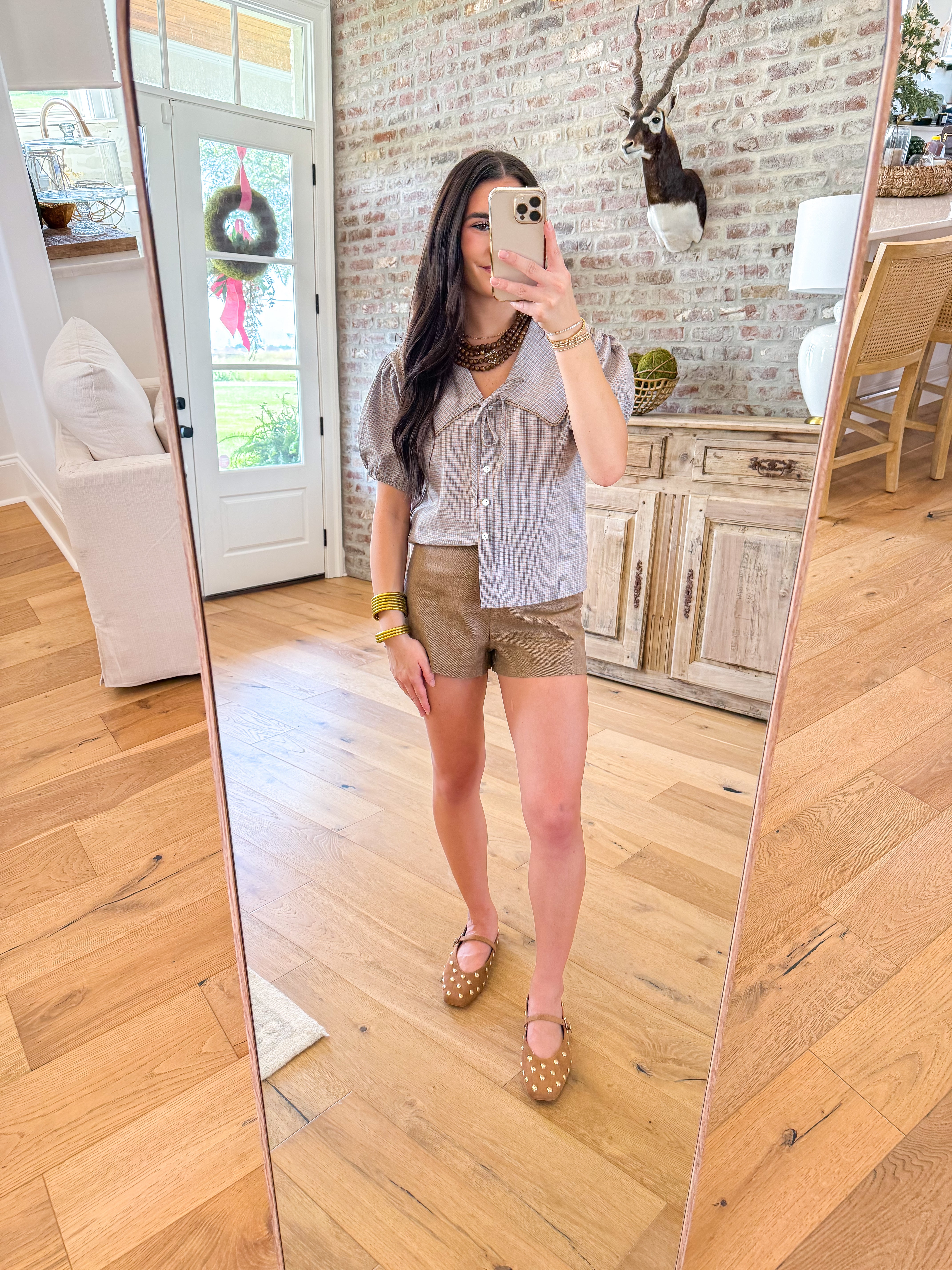 Blue/Camel Gingham Puff Sleeve Blouse