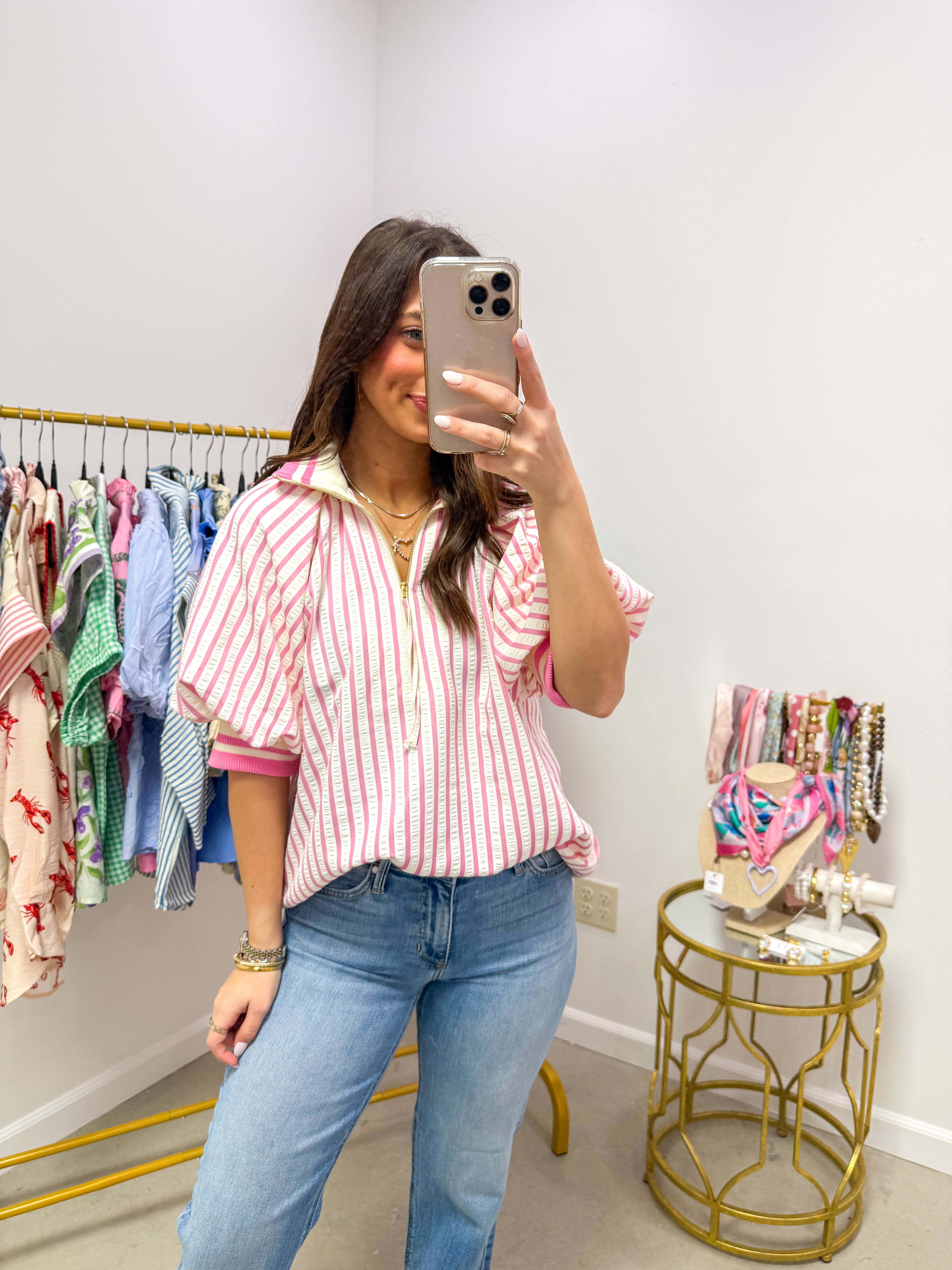 Cozy Striped Pink Quarter Zip Top