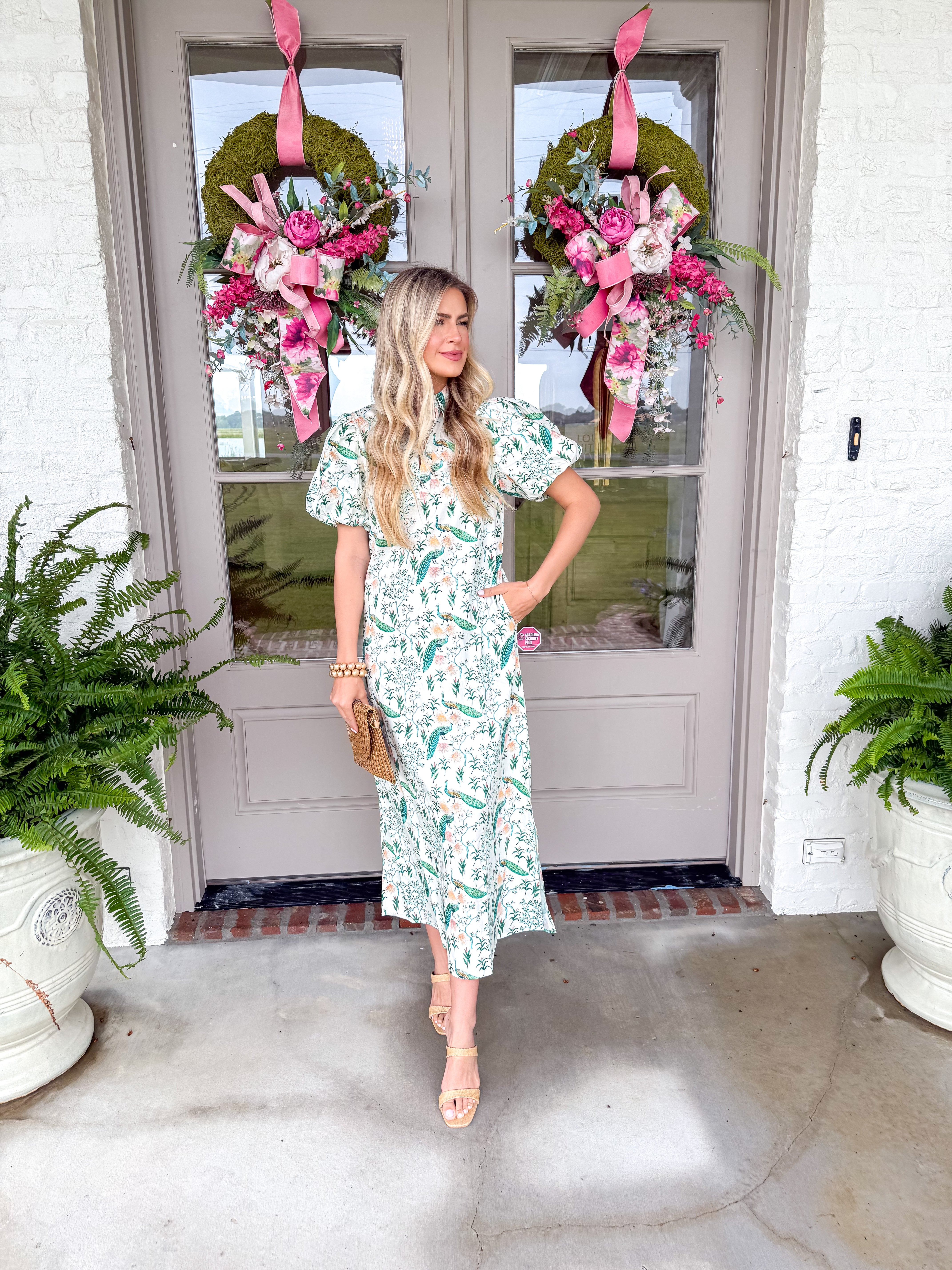 Peacock Print Puff Sleeve Midi