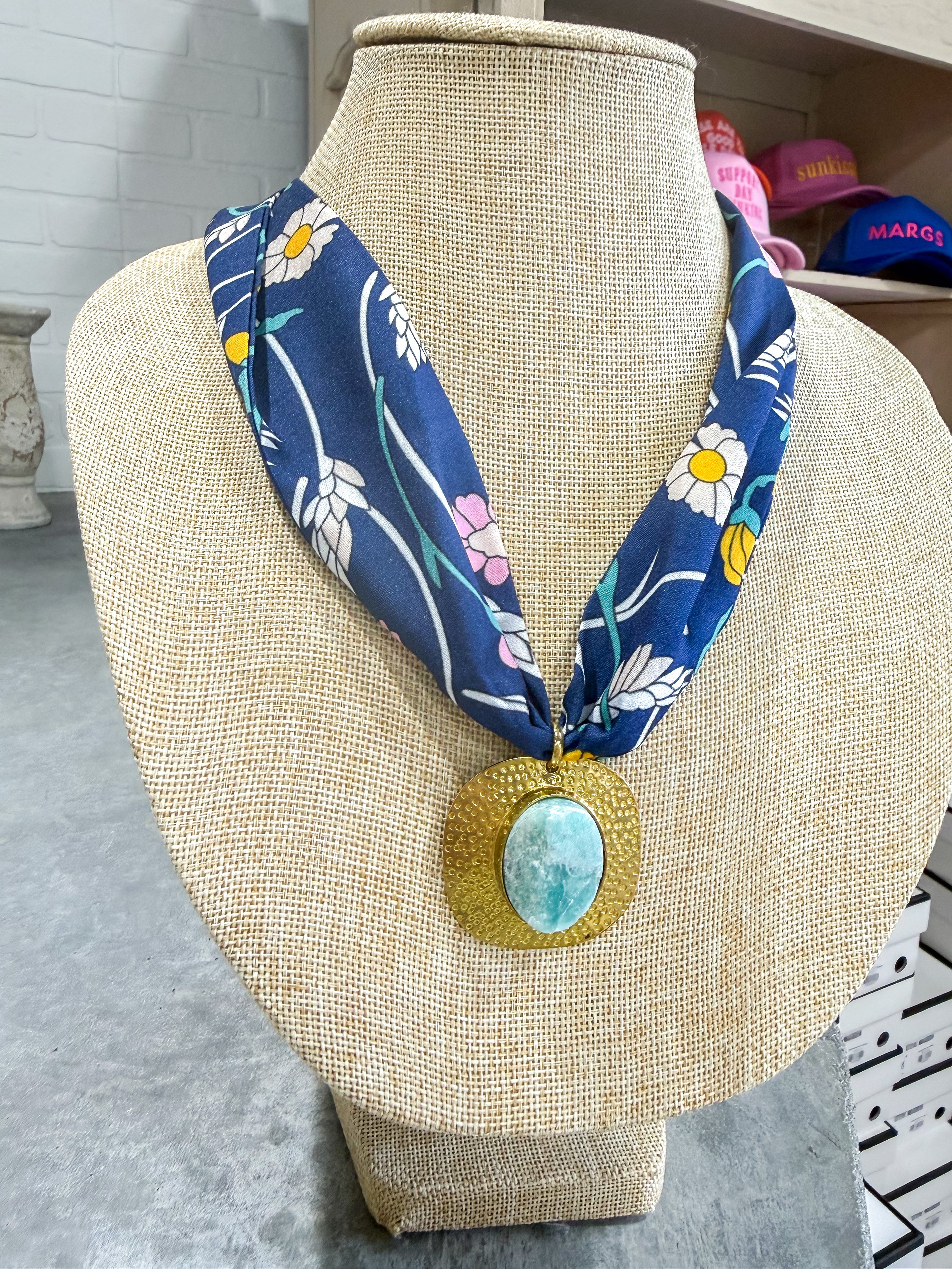 Navy Floral Gold Green Scarf Necklace