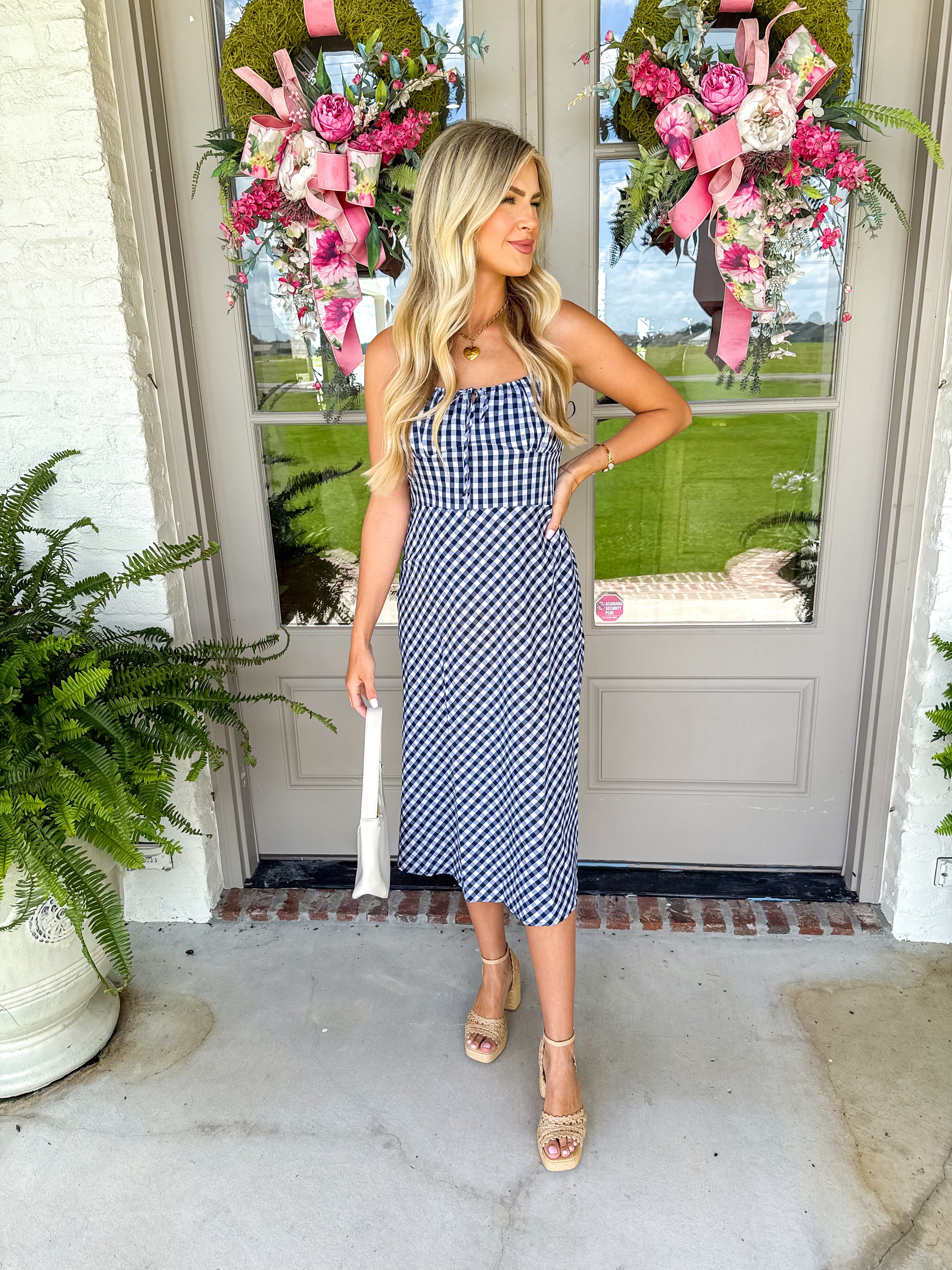 Florence Navy Gingham Slip Midi Dress