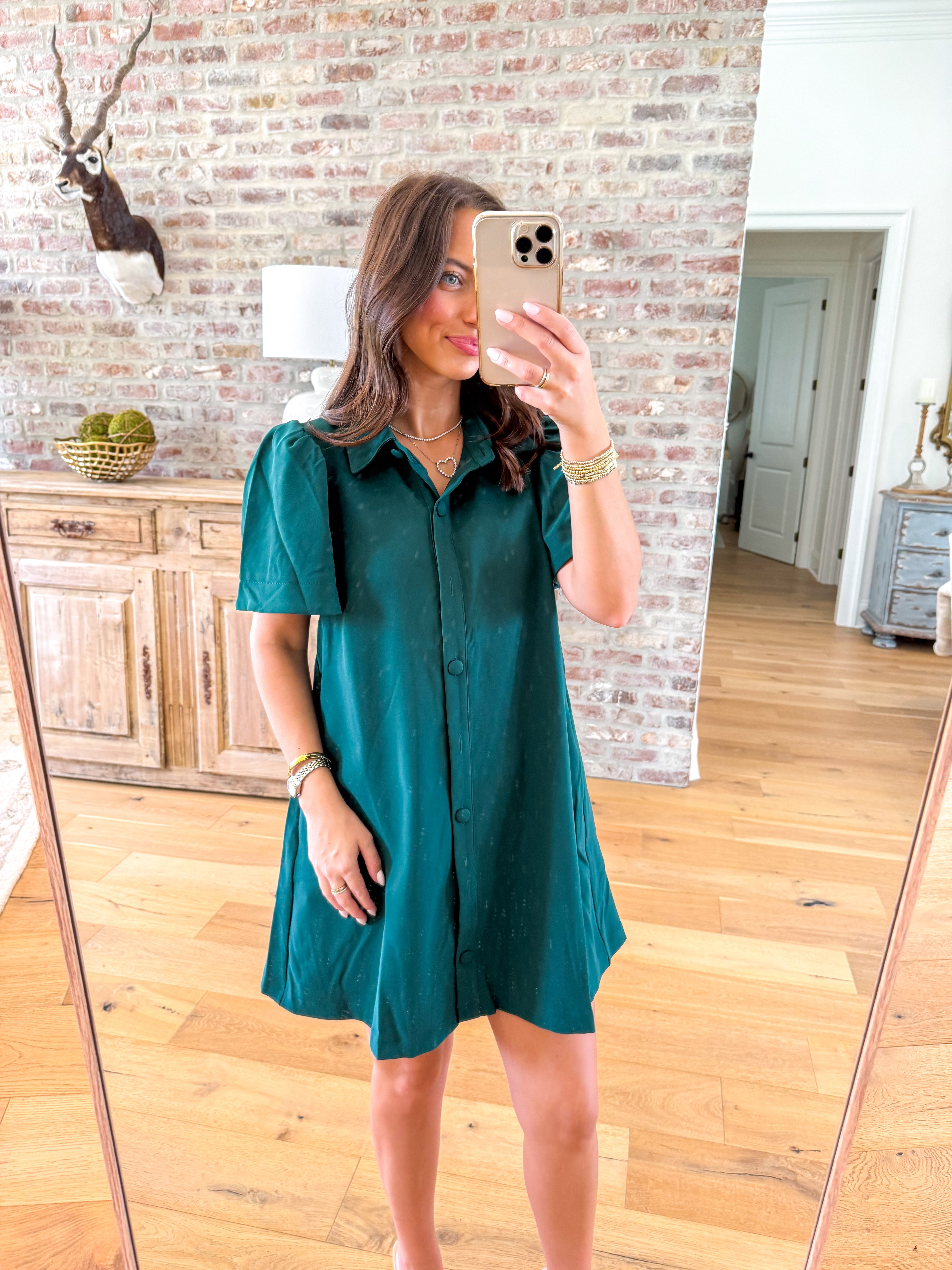 The Hunter Green Charmer Shirt Dress
