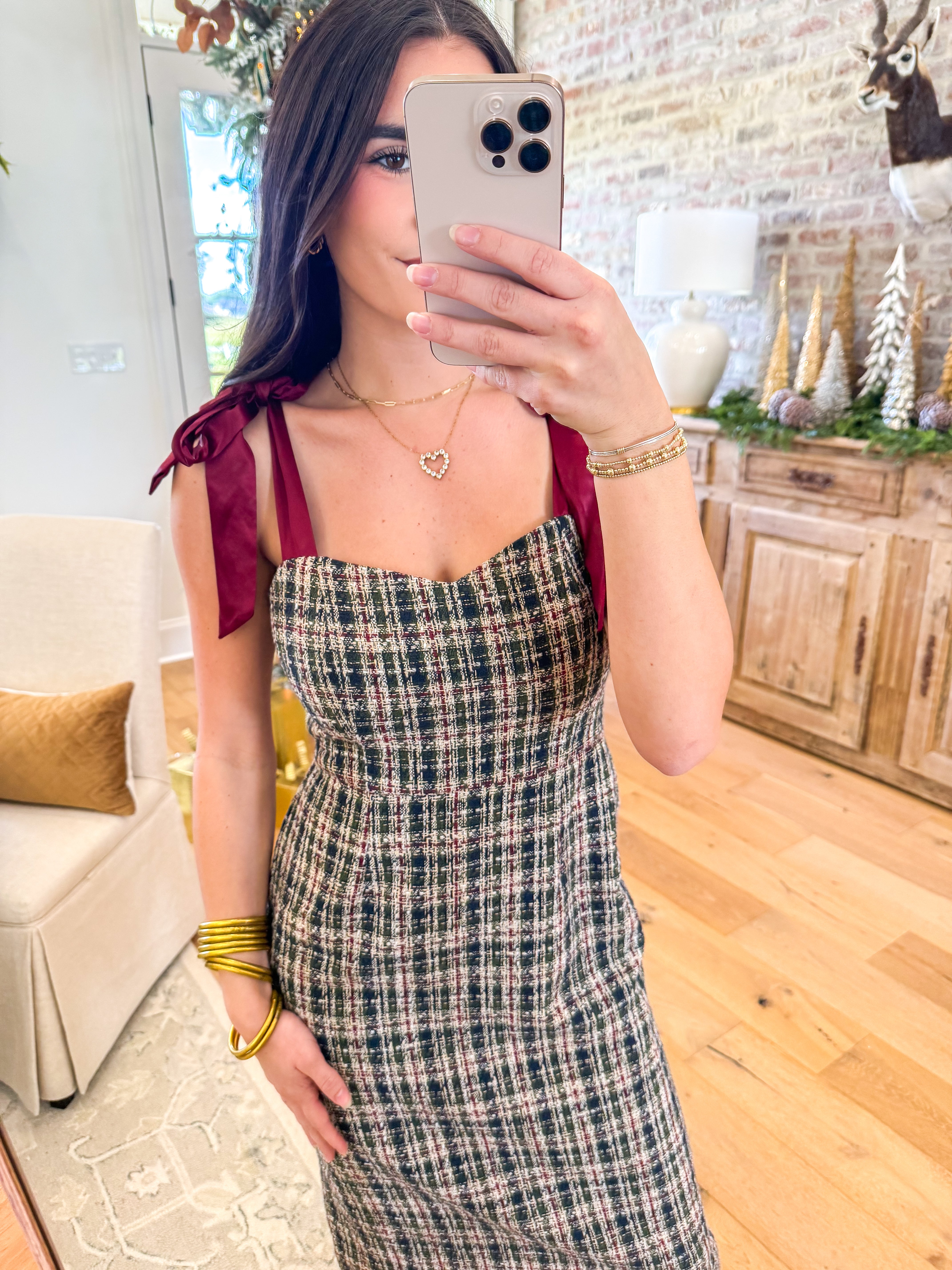 Satin Bow Tweed Midi Dress