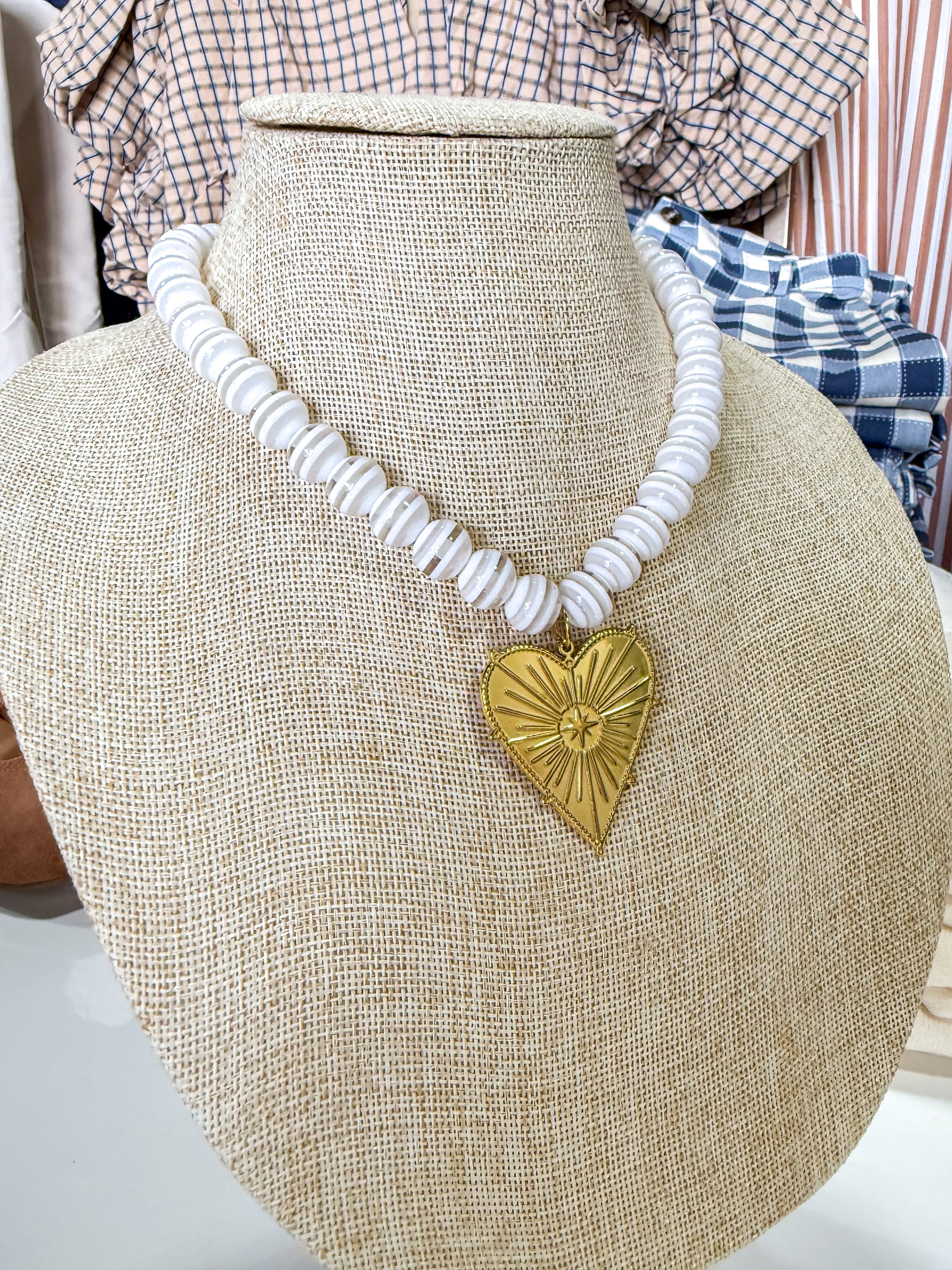 White/Clear Striped Heart 1 Beaded Necklace