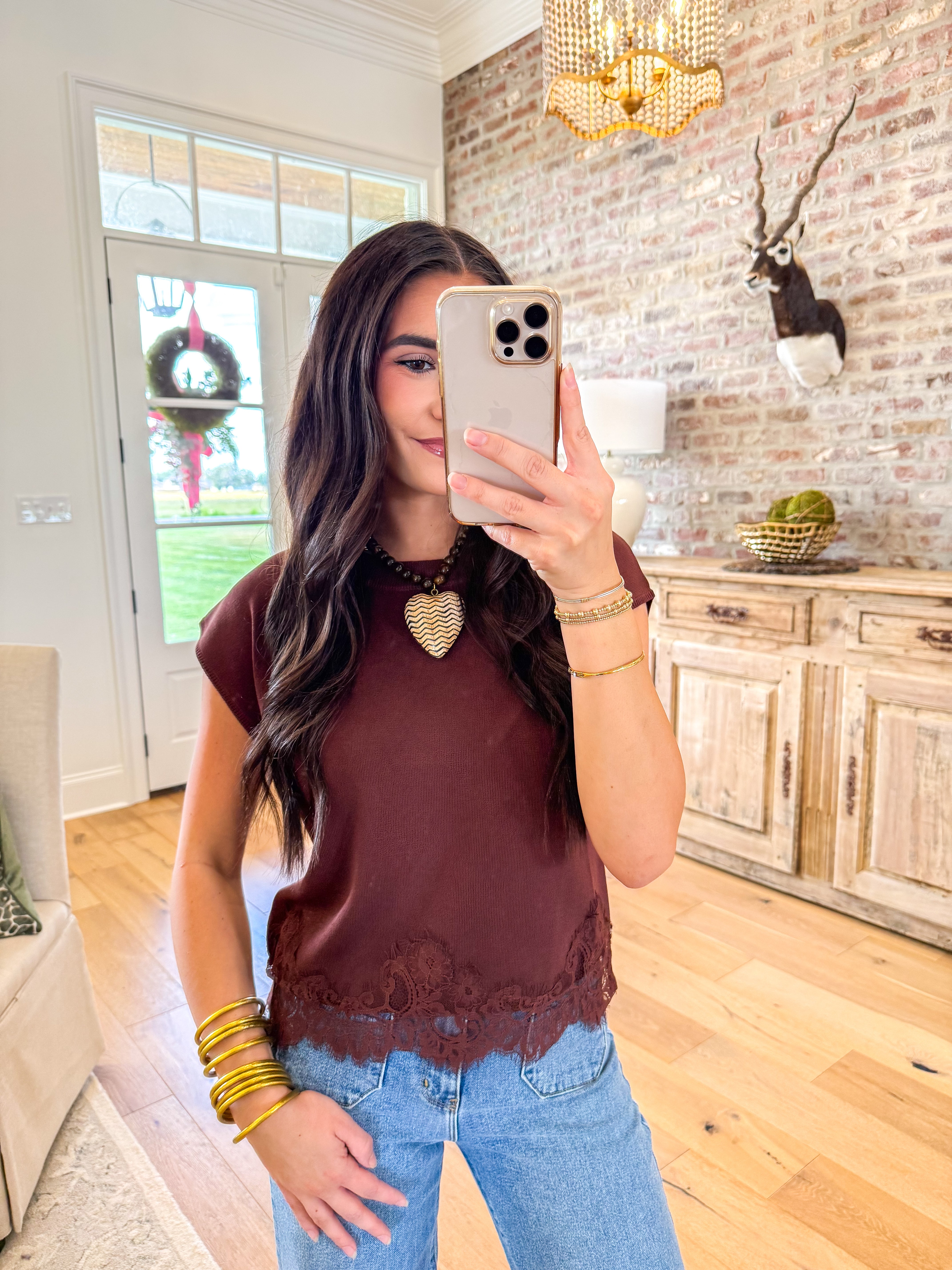 Everly Lace-Trim Sweater Knit Top Brown