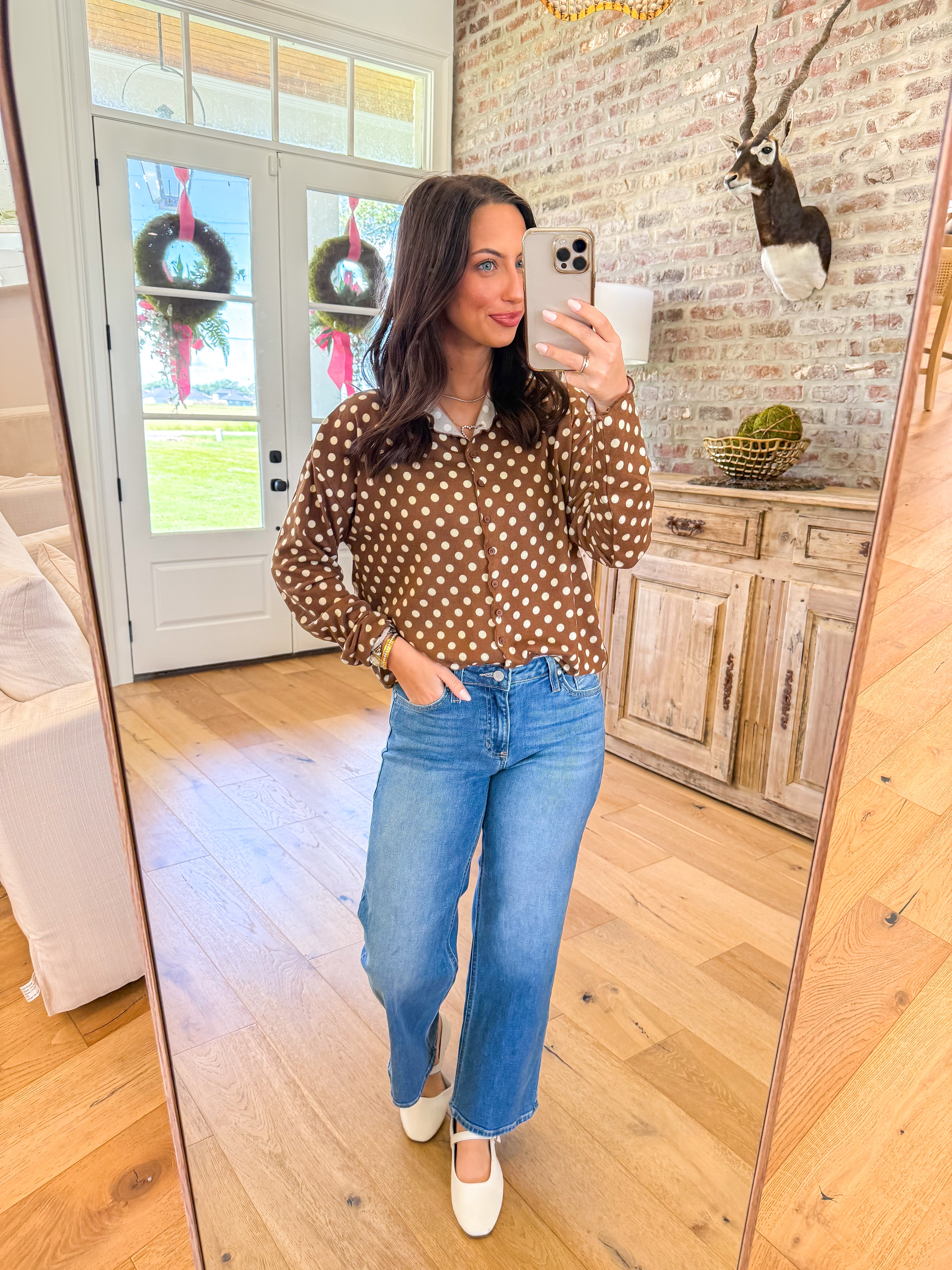 Brown Sugar Polka Dot Button-Up Top