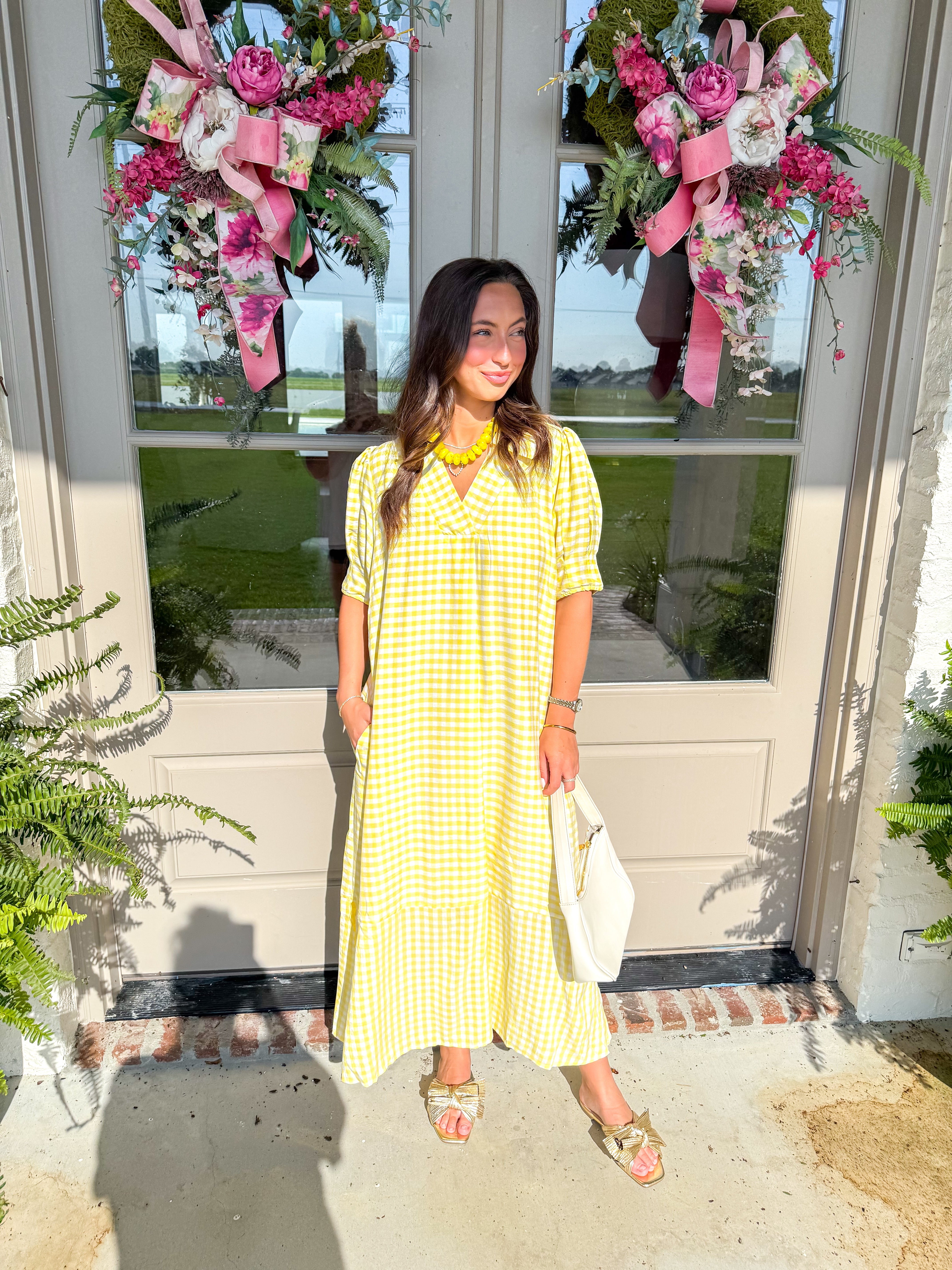Lemon Gingham Midi Dress