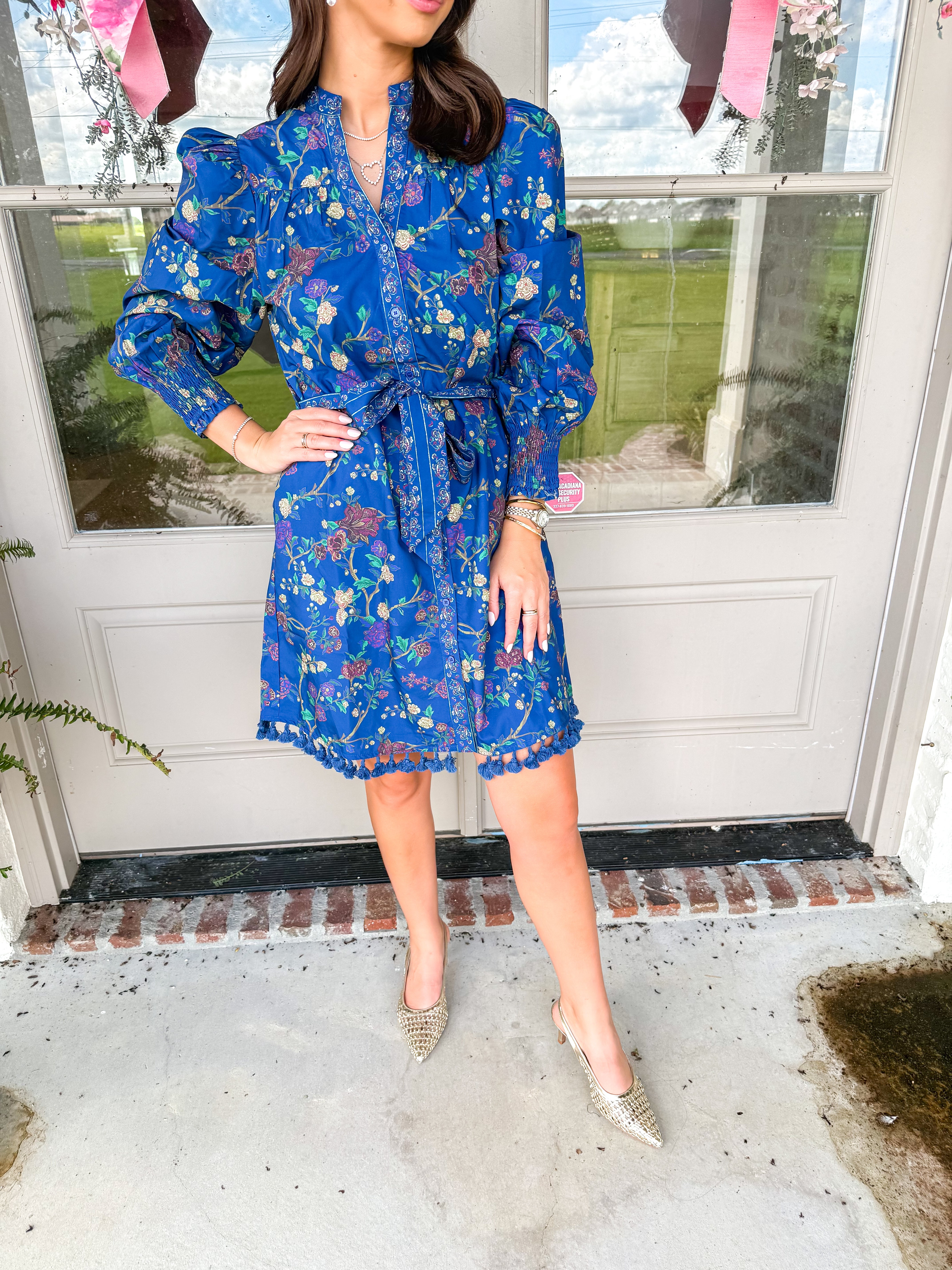 Floral Print Tassel Trim Belted Mini Dress