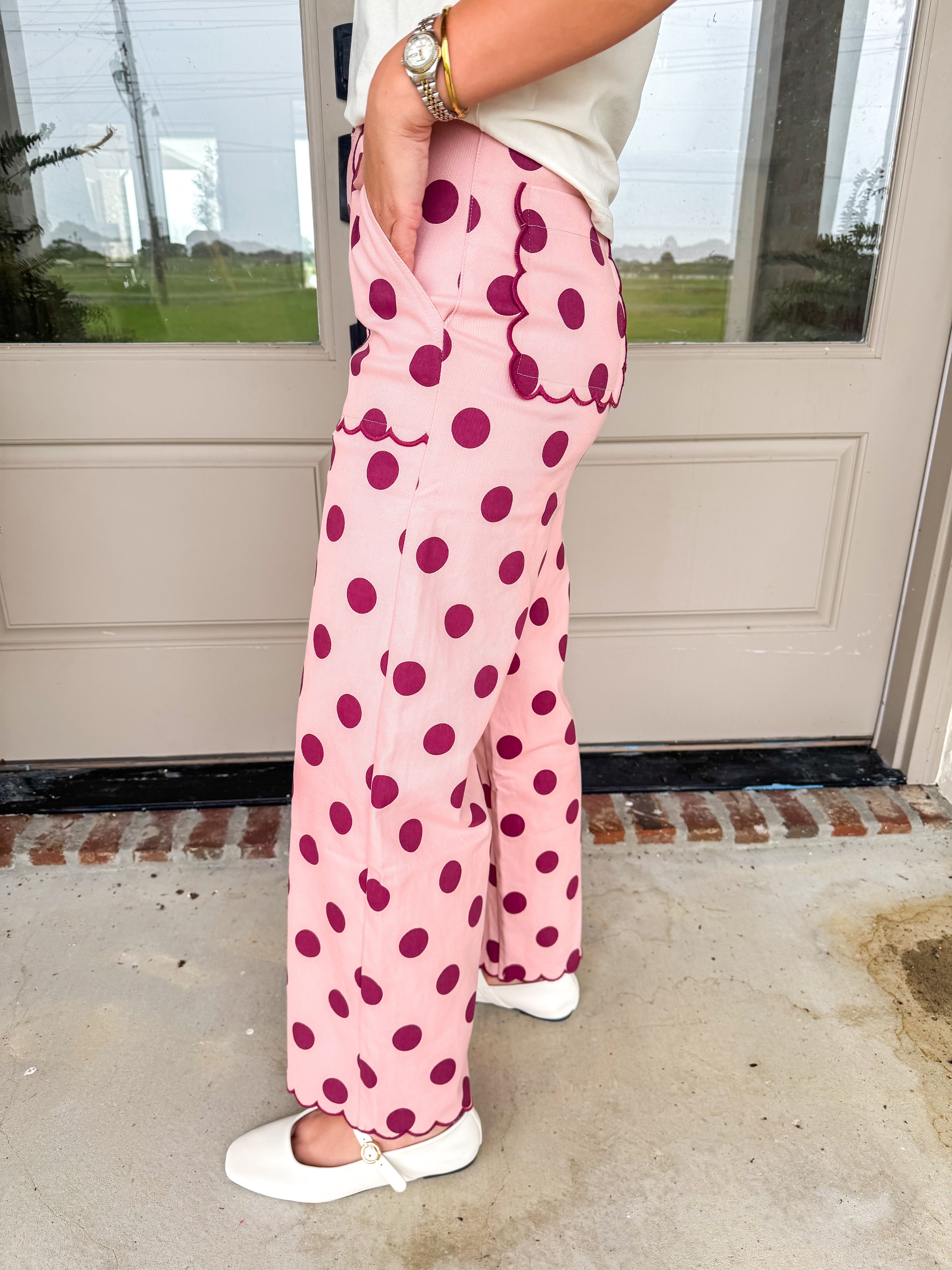Scalloped Polka Dot Wide-Leg Pants Pink/Burgundy