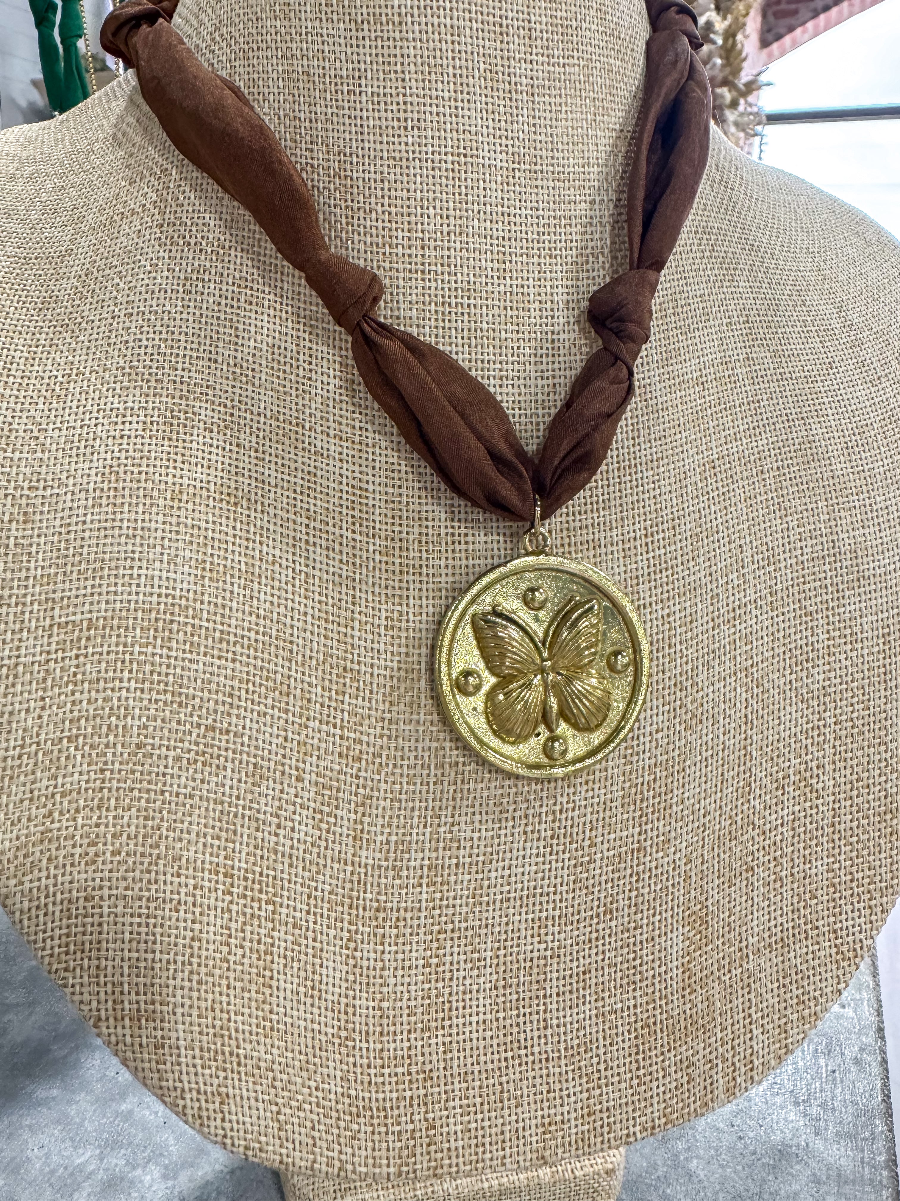 Brown Butterfly Pendant Scarf Necklace