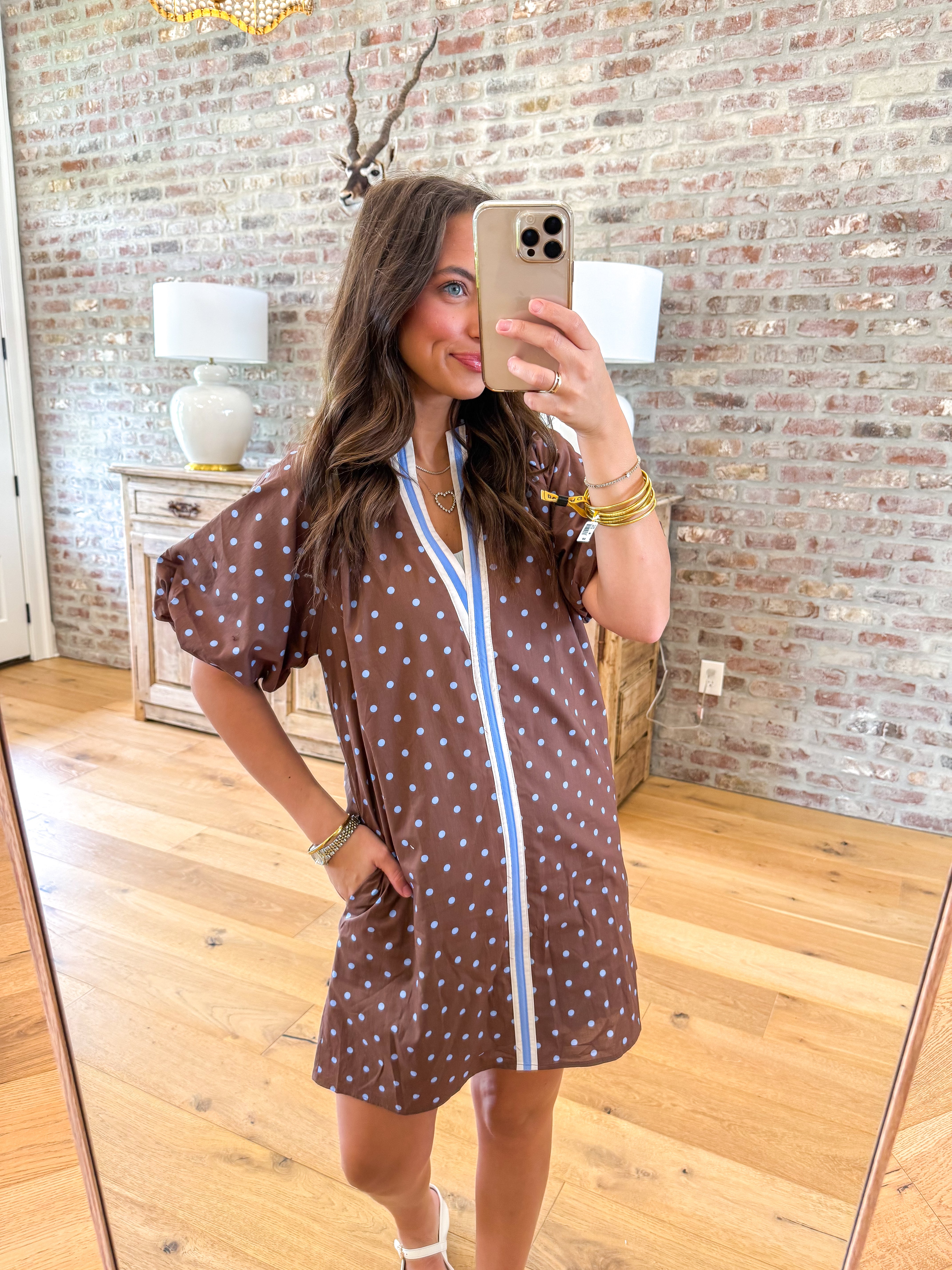 Dot Your I's Puff Sleeve Mini Brown