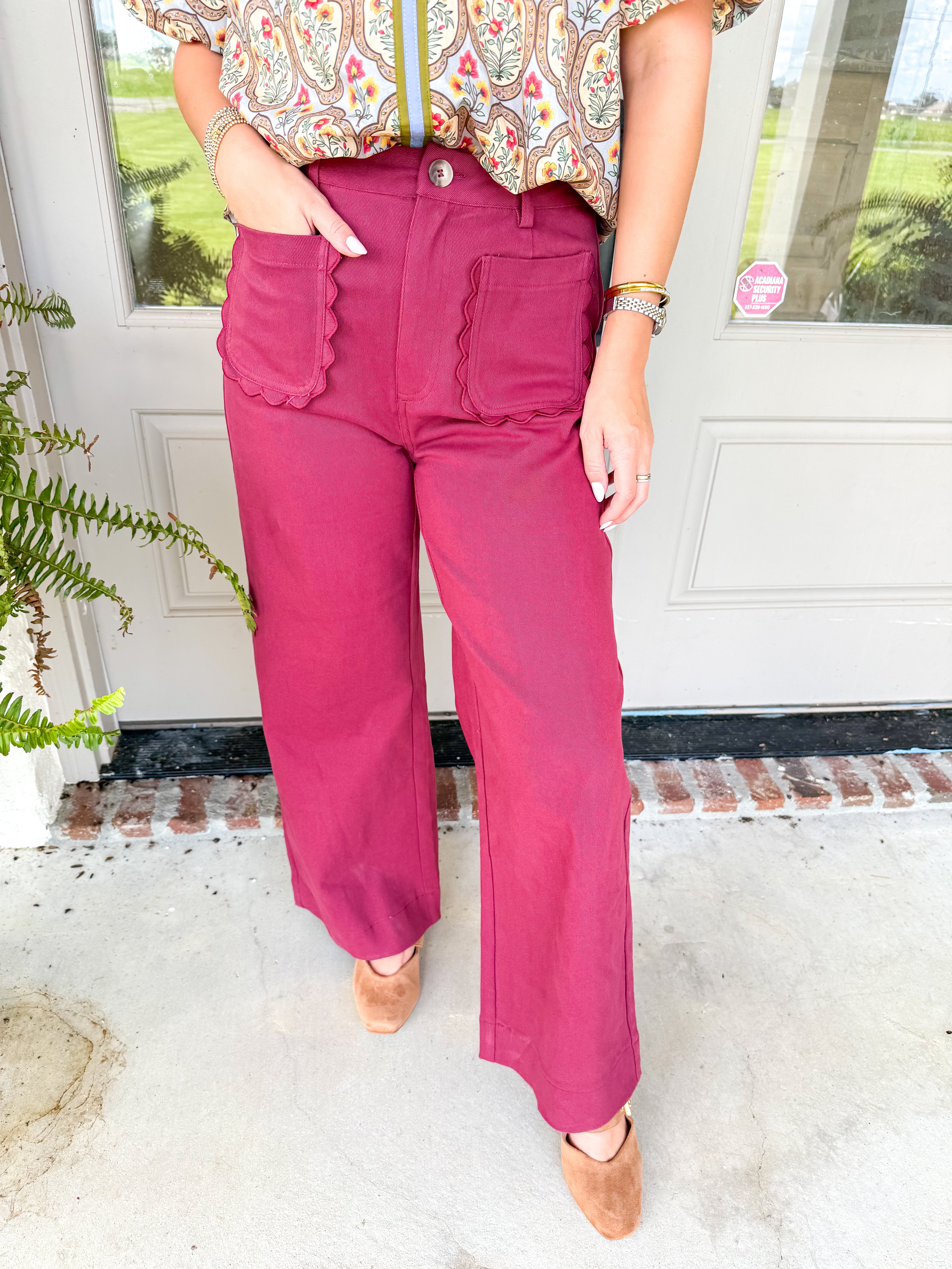 Scalloped Wide Leg Trousers Burgundy