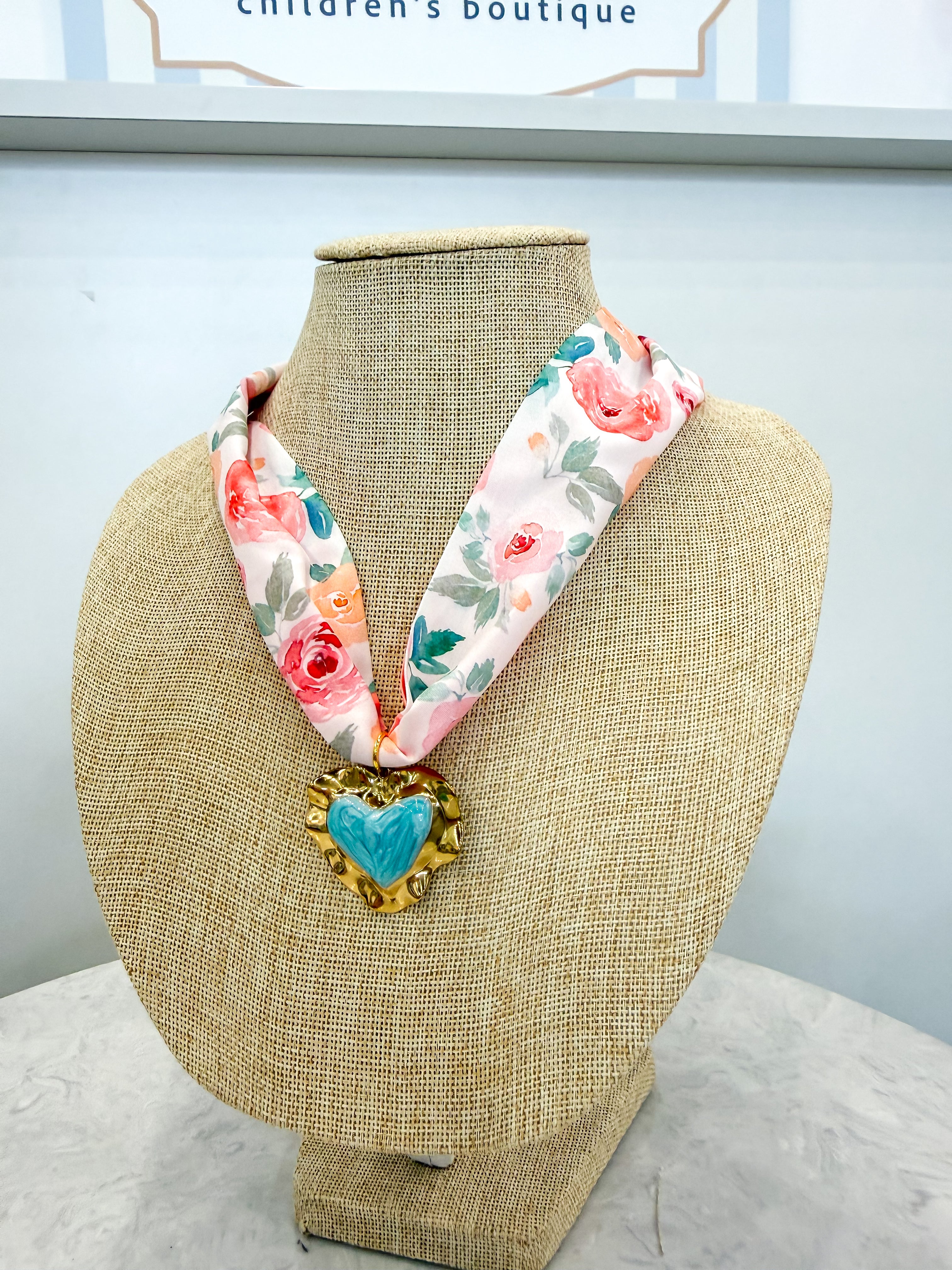 Coral Floral Turquoise Heart Scarf Necklace