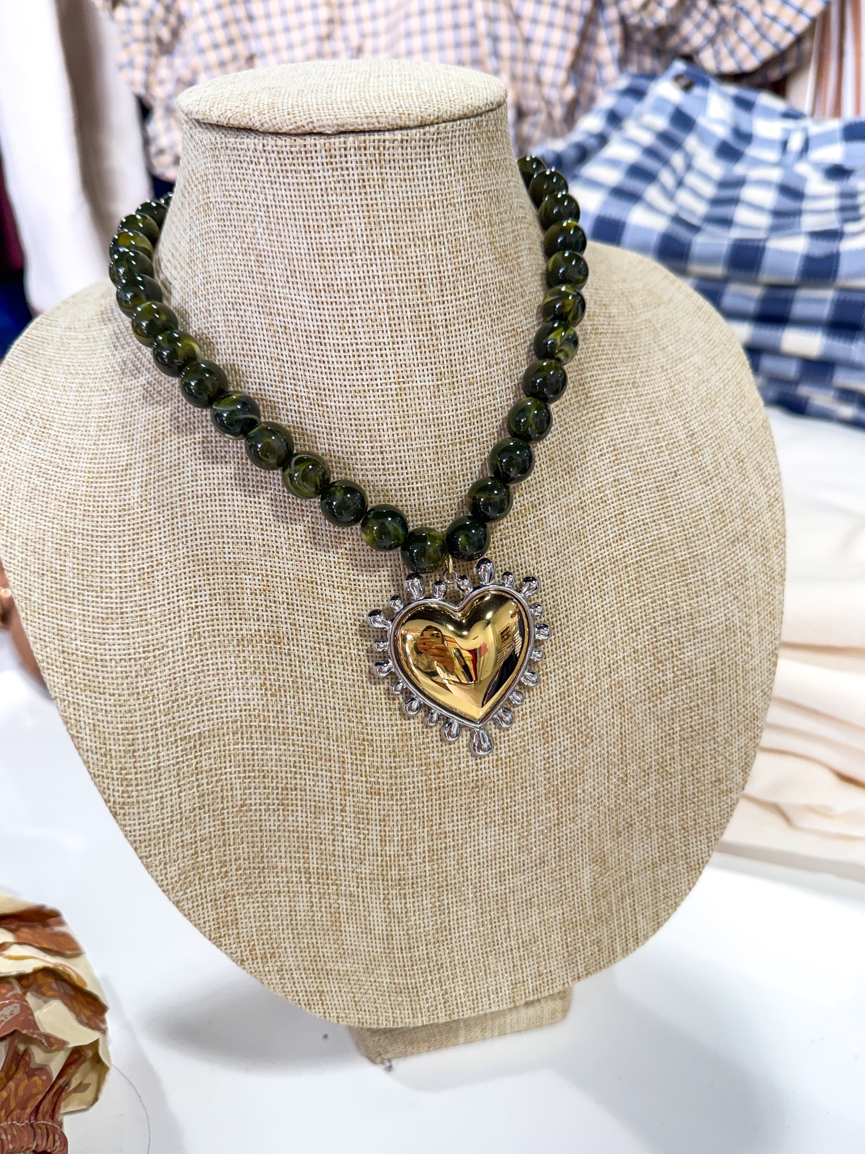 Dark Green Two Toned Heart Beaded Necklace