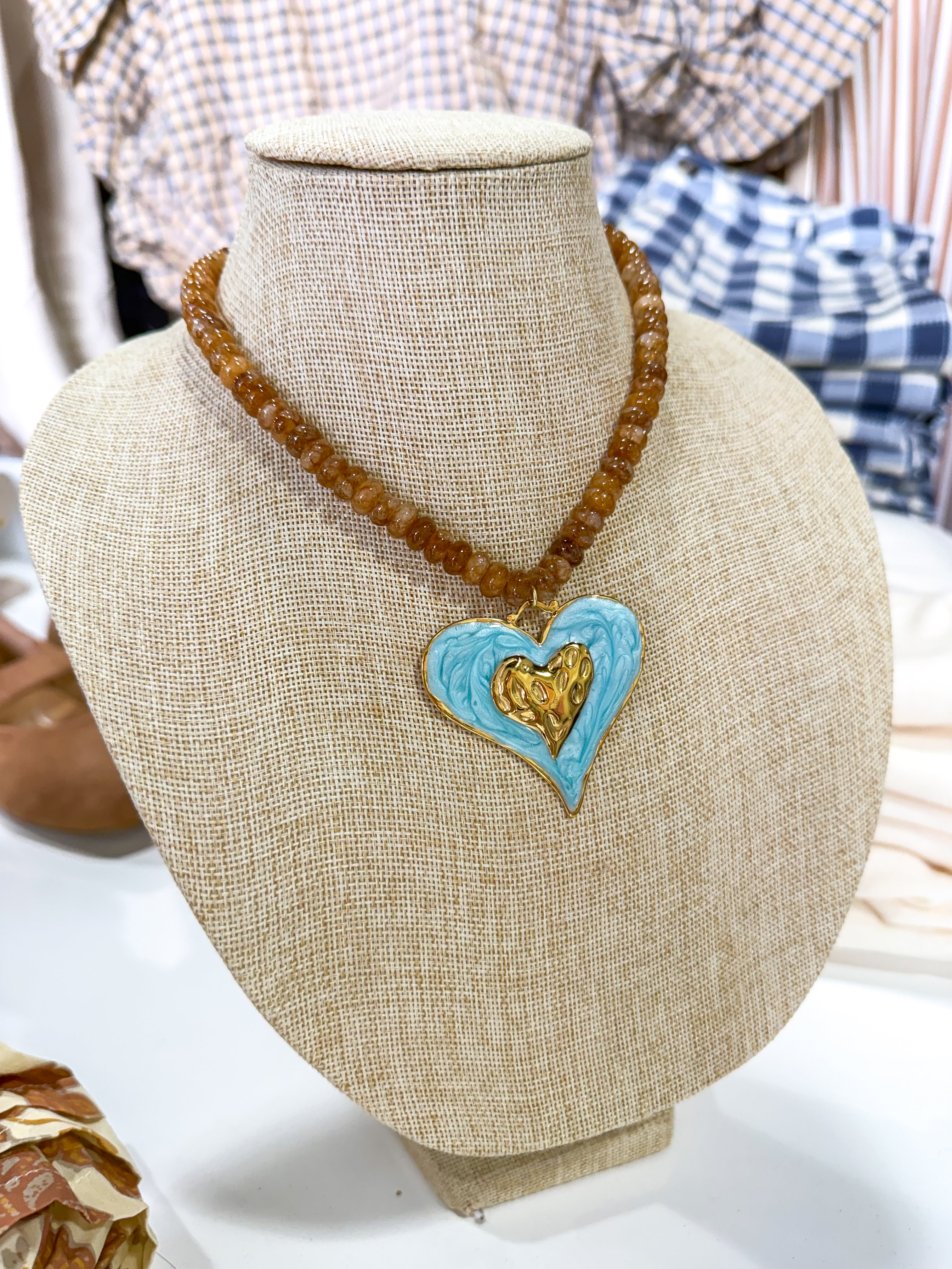 Brown Multi Small Beaded Necklace Blue Heart