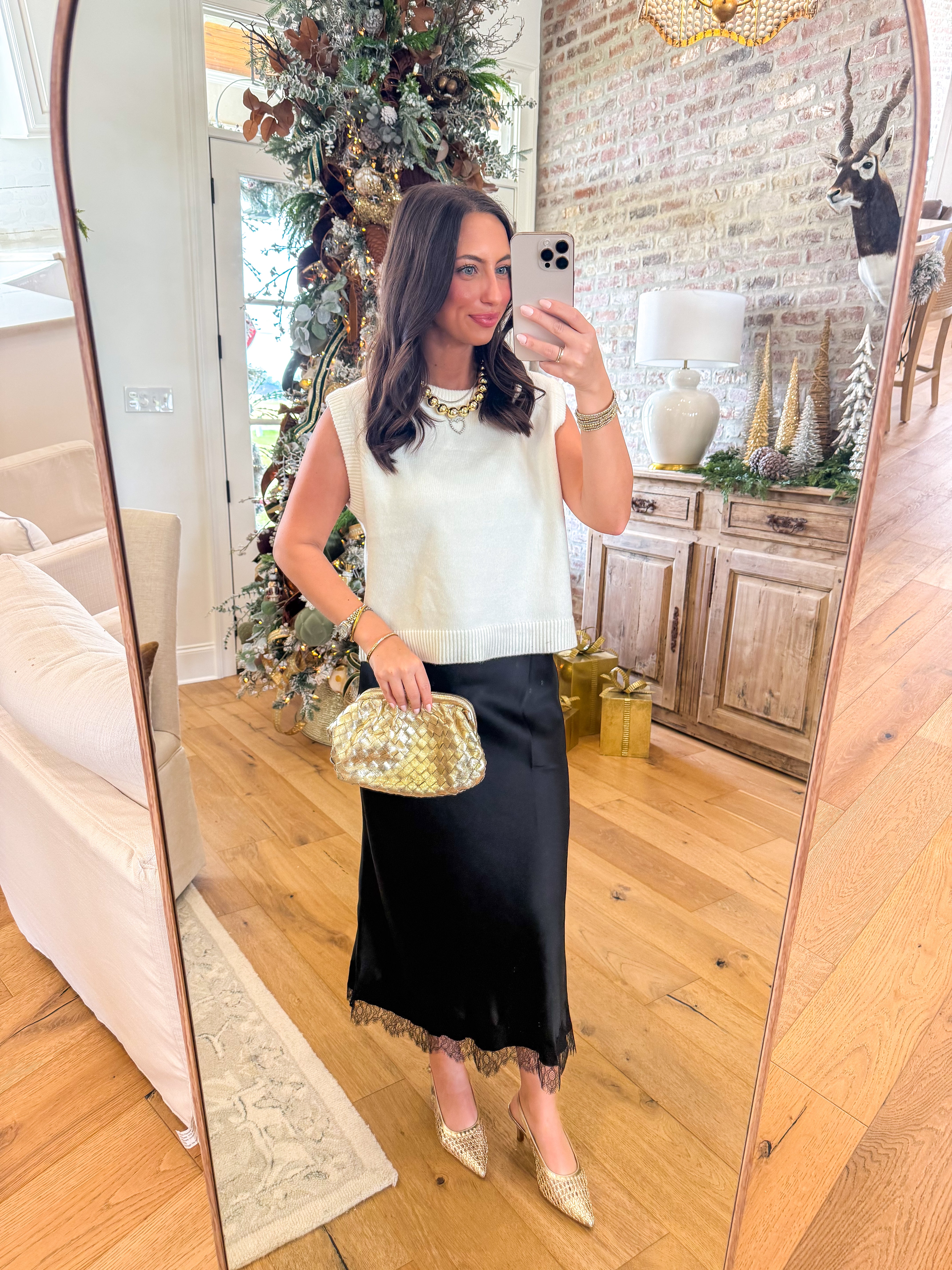 Lace & Satin Midi Skirt Black