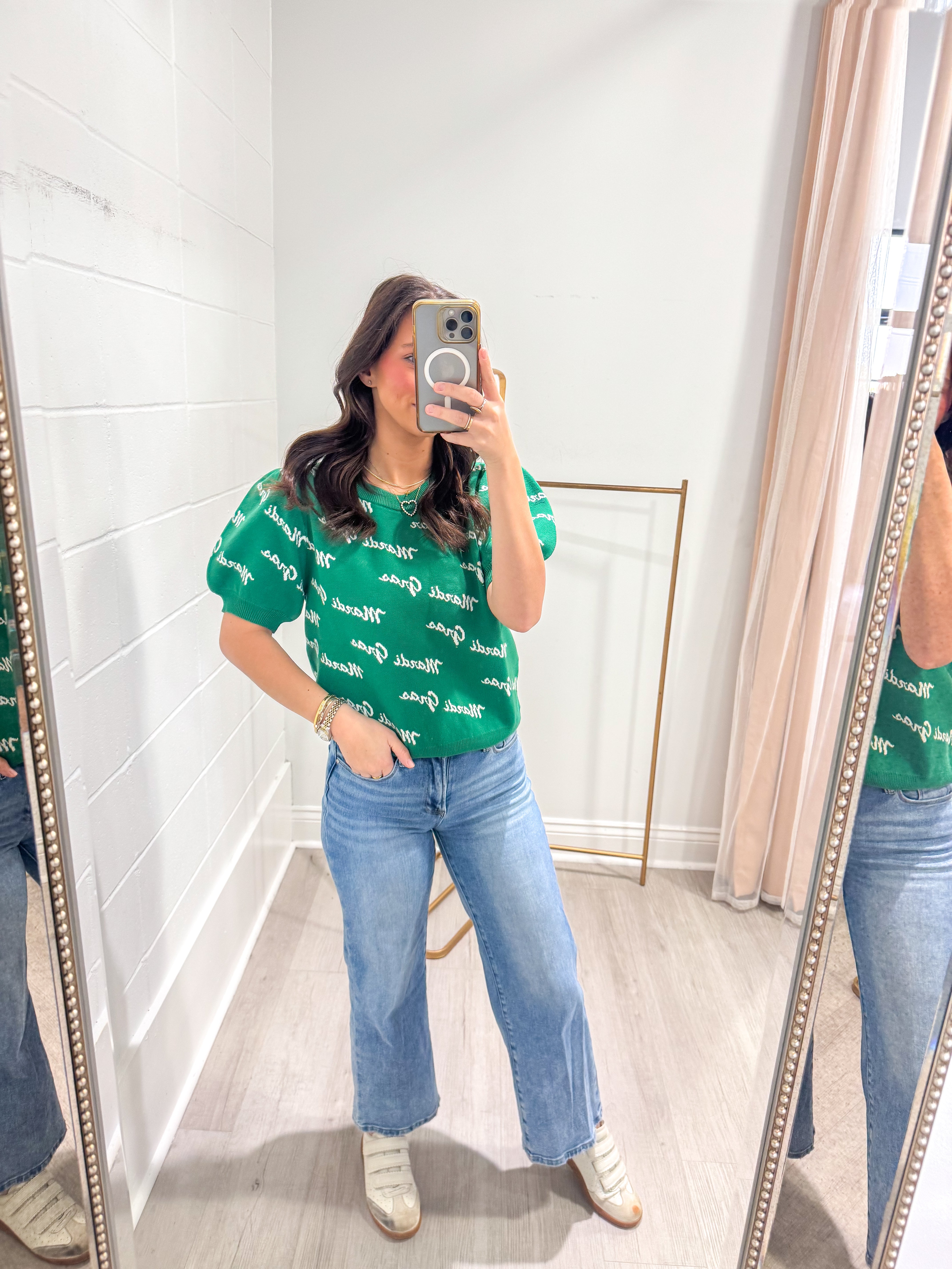 Mardi Gras Words Green Puff Sleeve Top