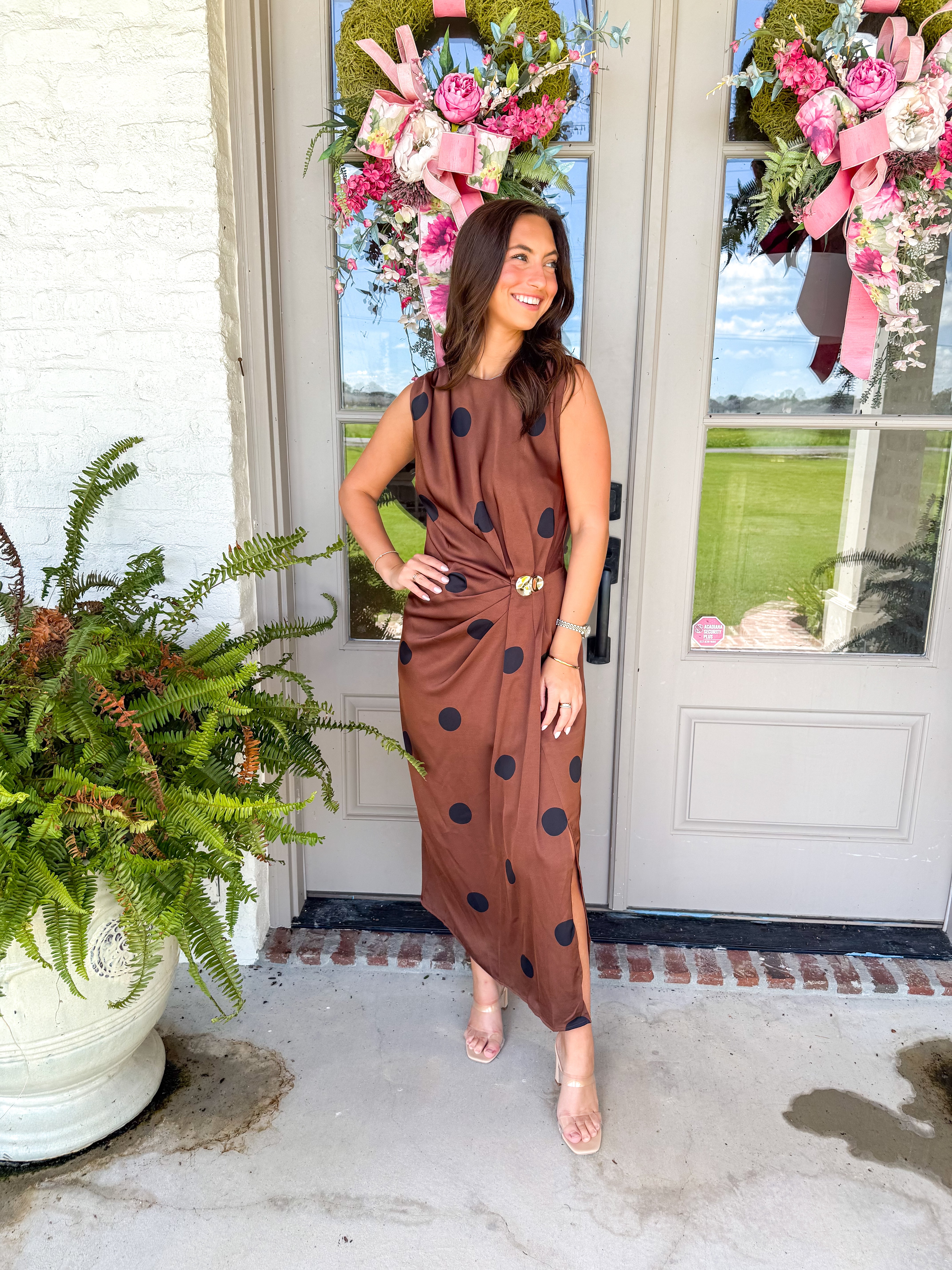 Mocha Dot Satin Midi Dress