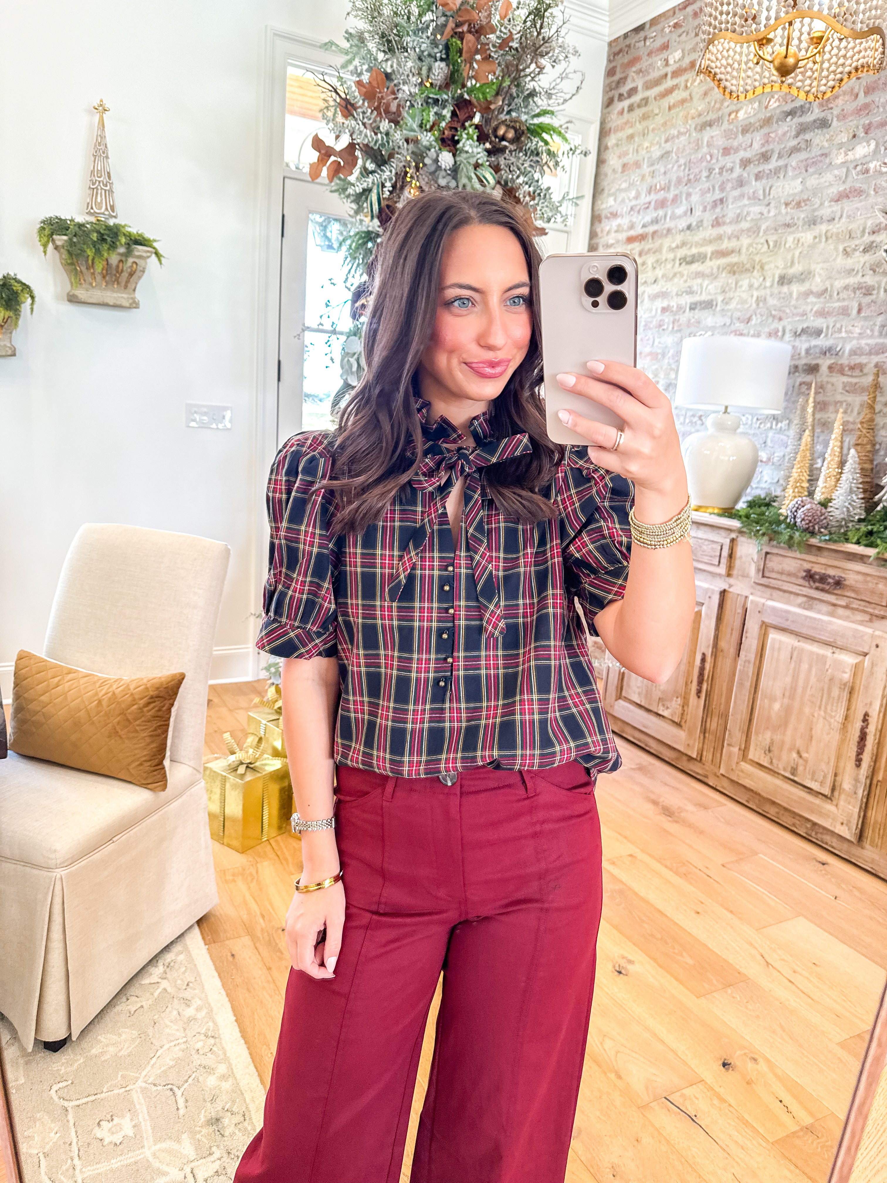 Scarlett Plaid Puff Sleeve Top Navy