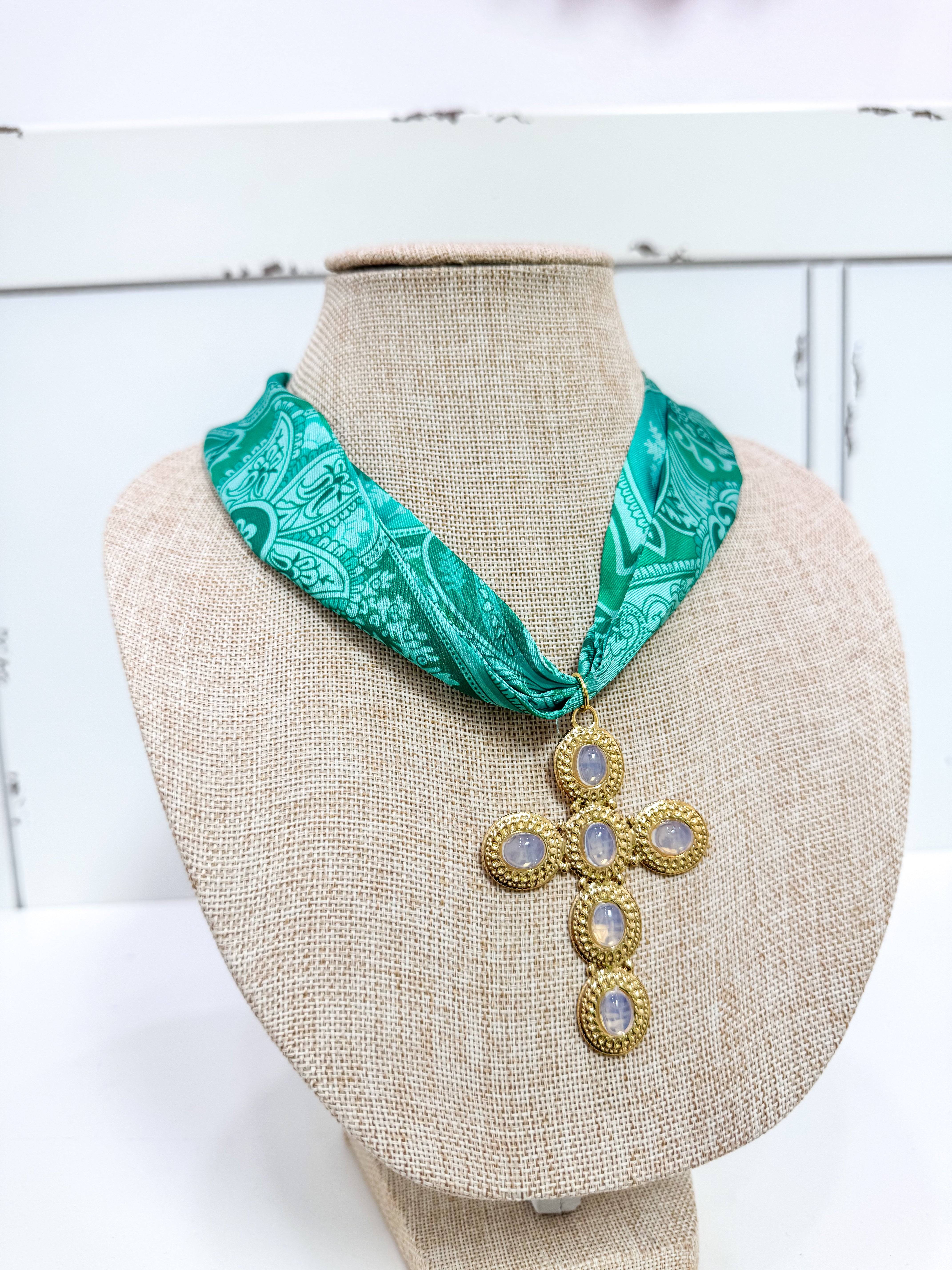 Green Tapestry Gold Cross Scarf Necklace