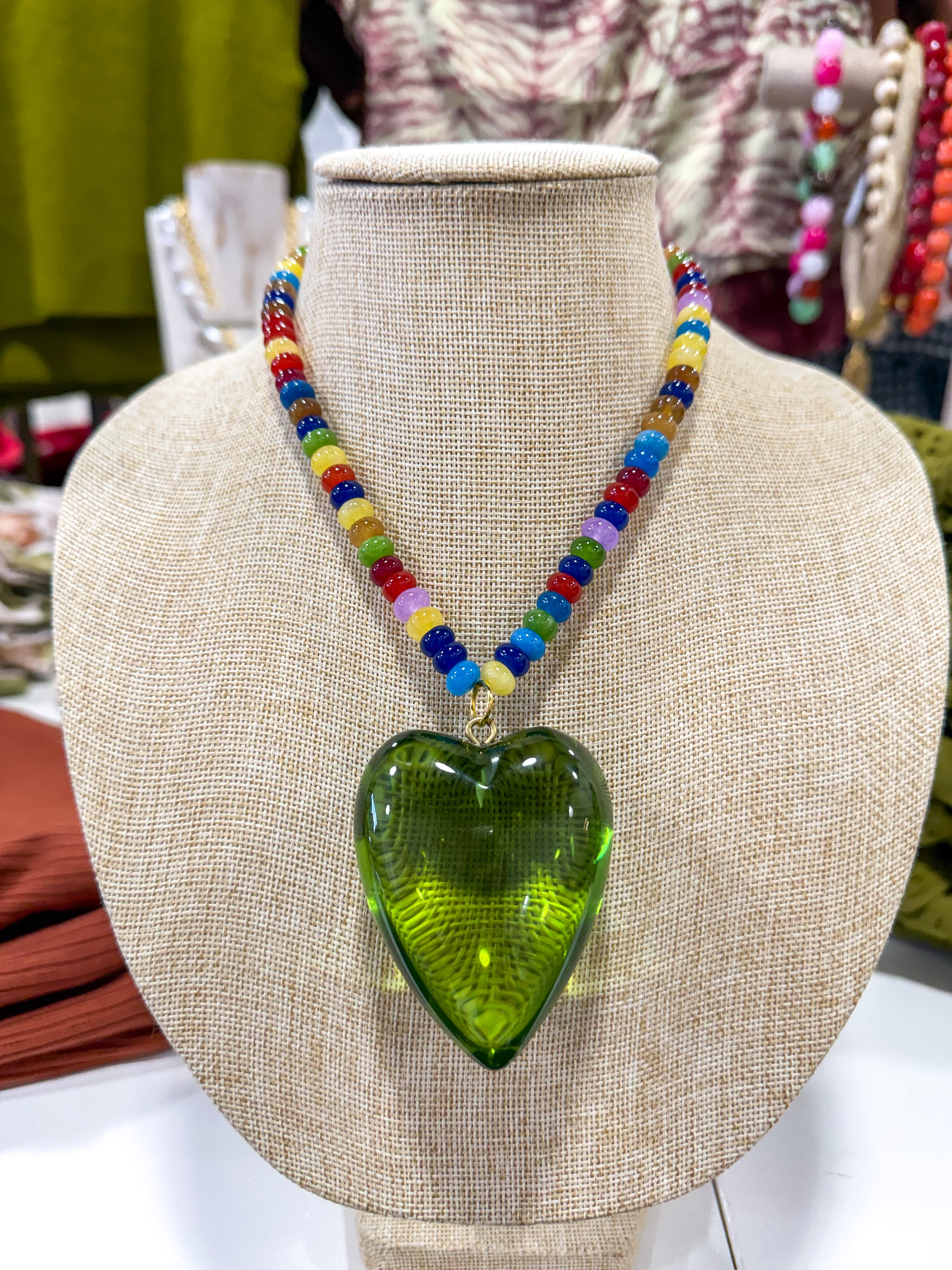 Large Emerald Heart Colorful Beaded Necklace