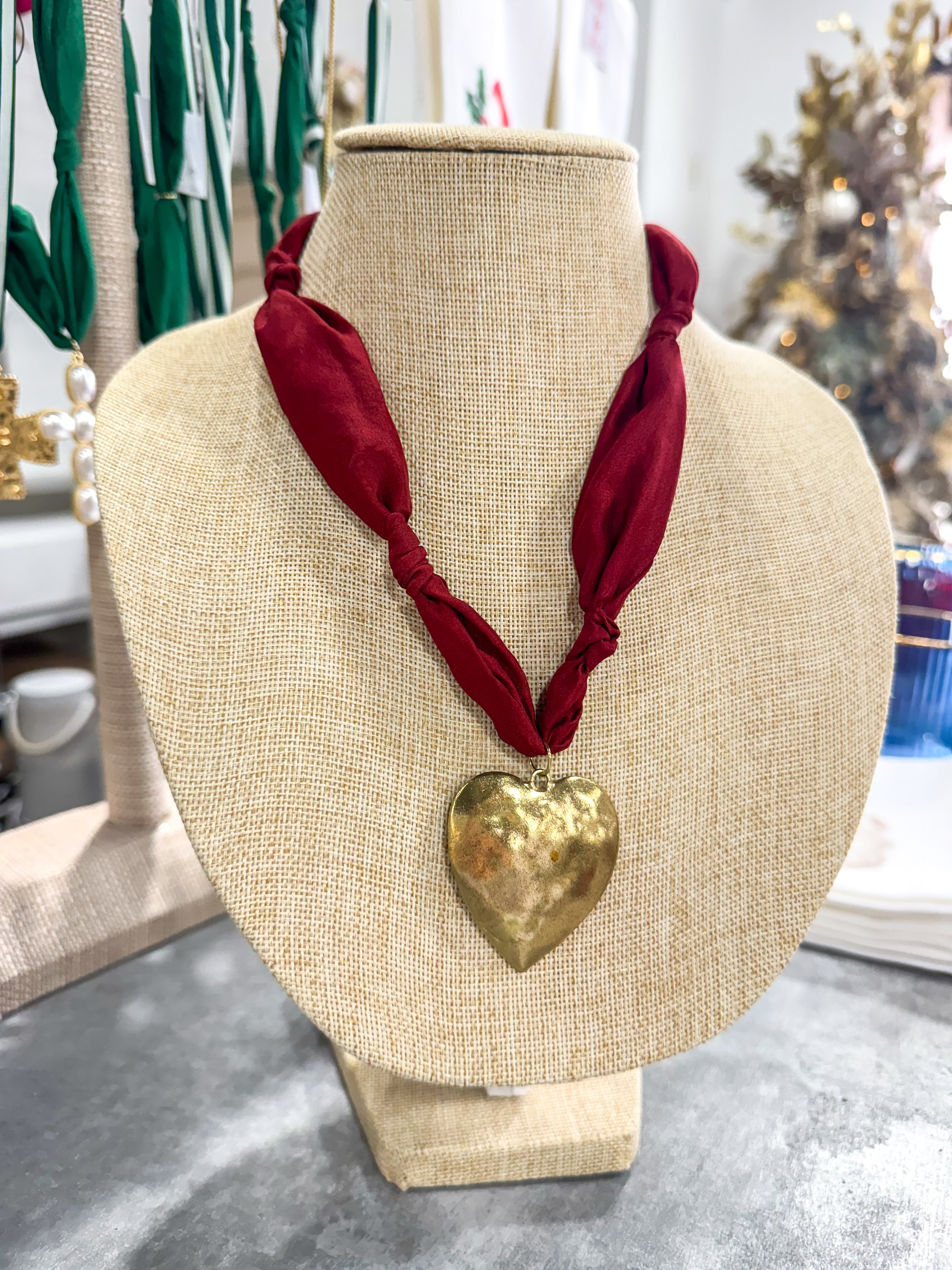 Maroon Gold Heart Scarf Necklace