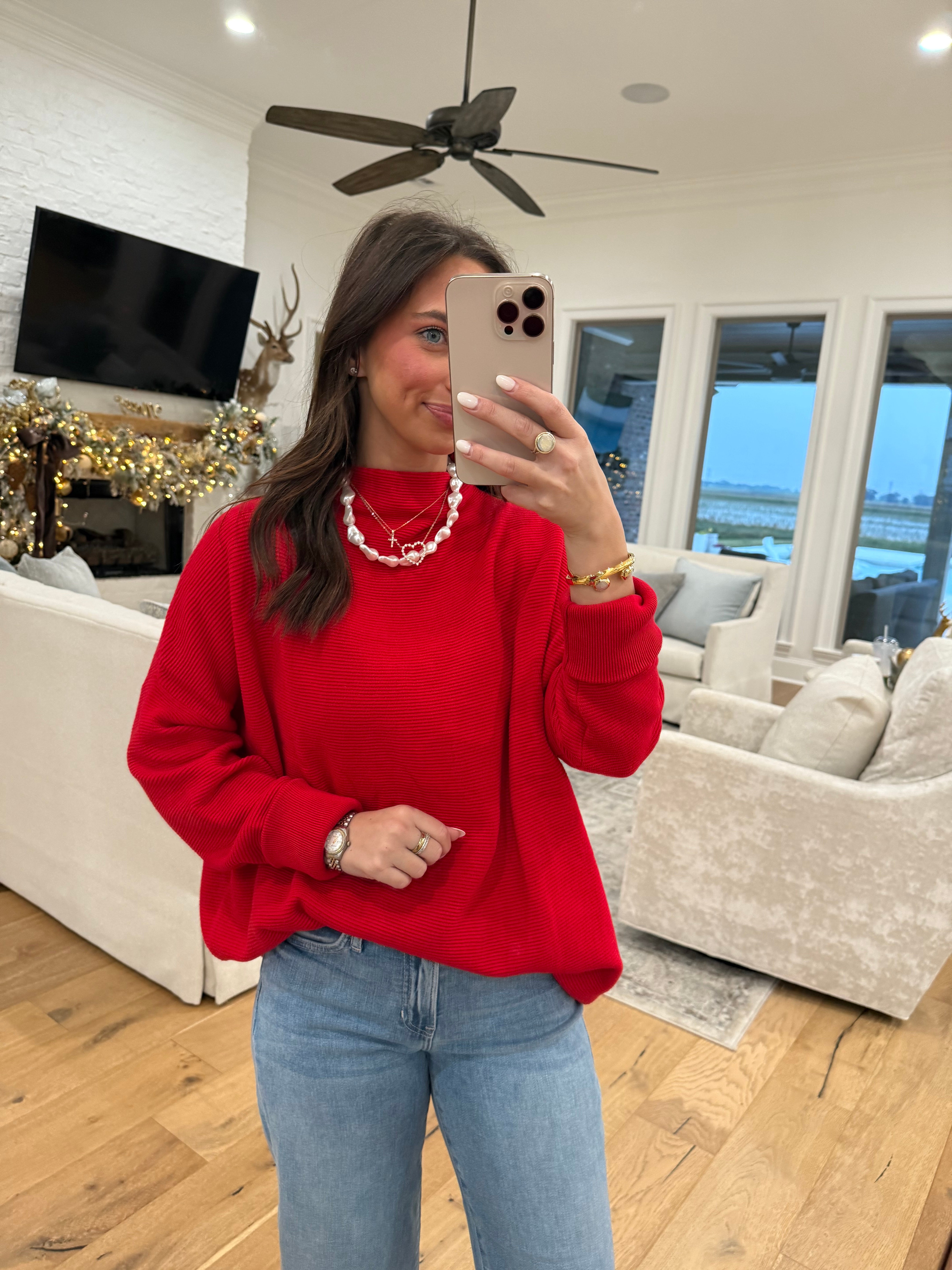 Red Oversized Textured Sweater Tunic