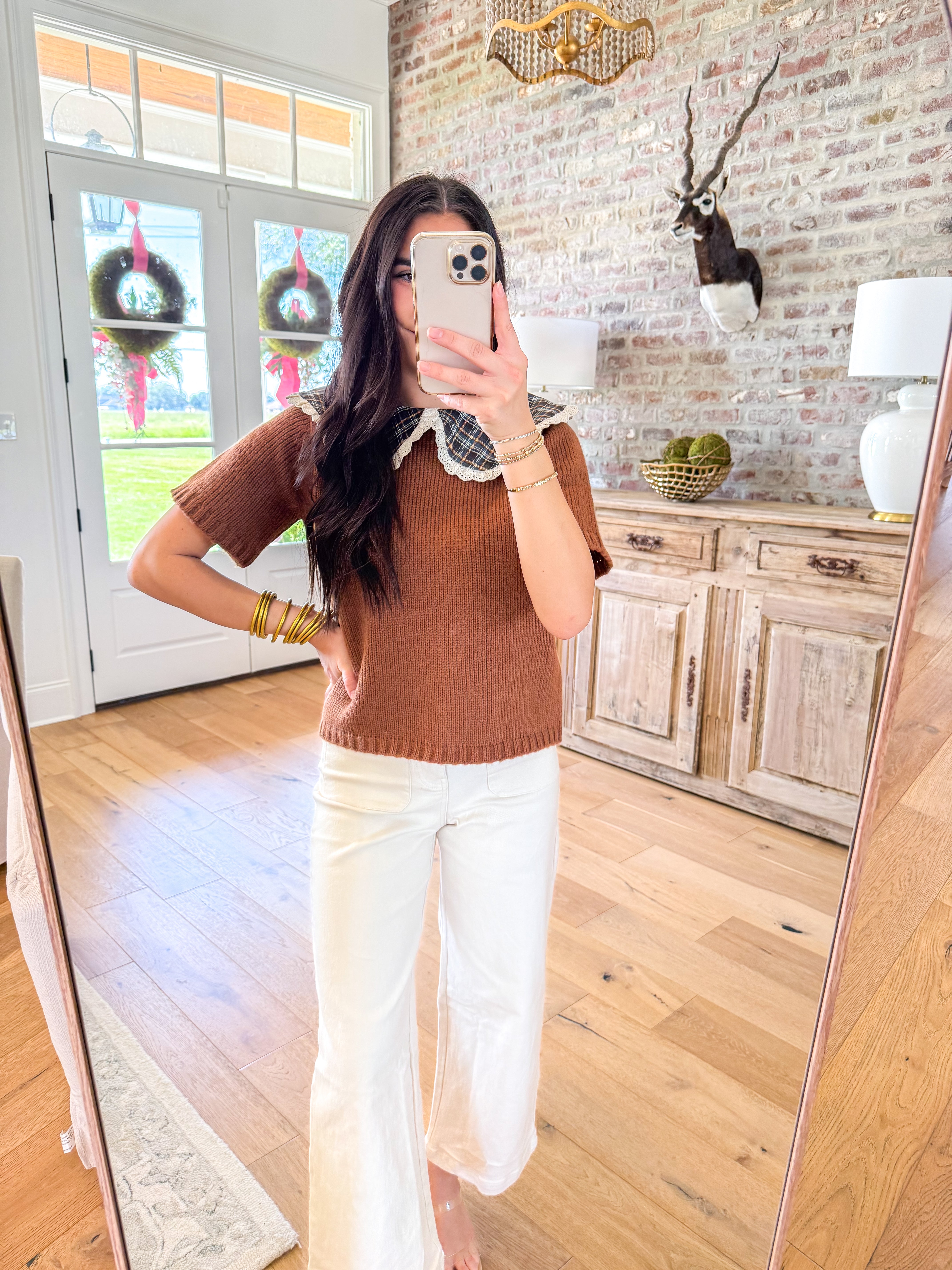 Cognac Plaid Collar Sweater