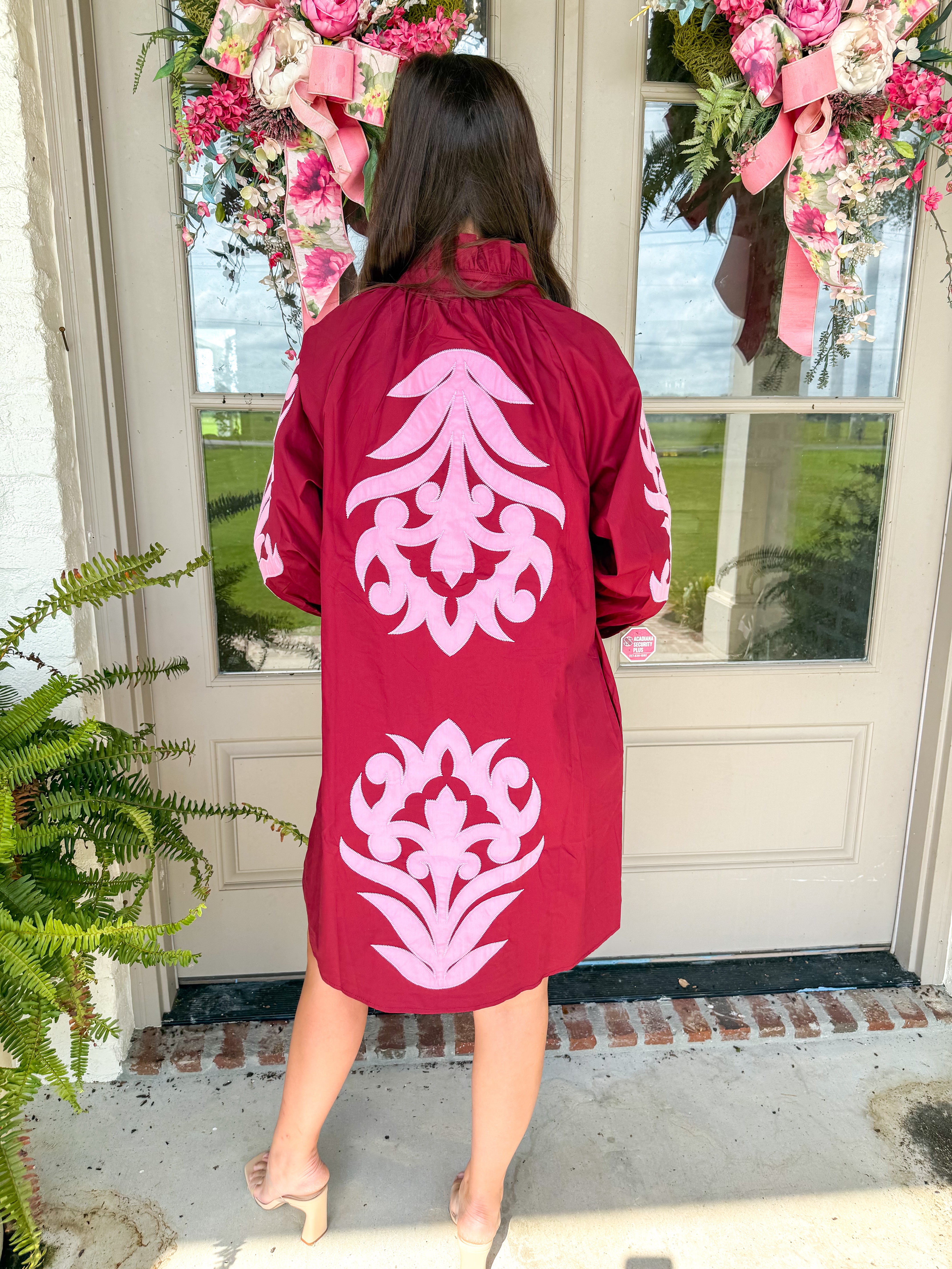 Baroque Bloom Appliqué Shift Dress Burgundy