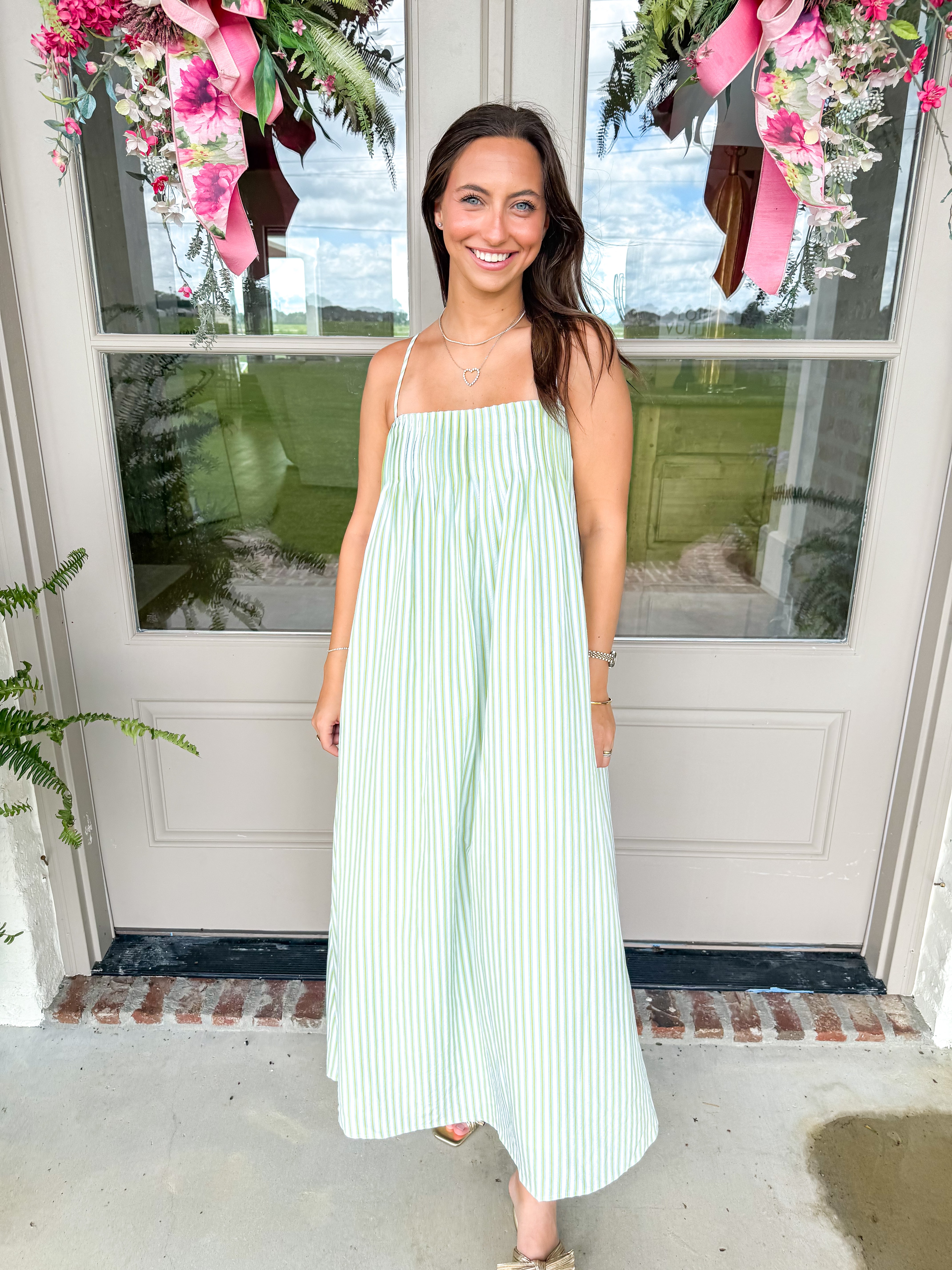 Sage & White Stripe Pleated Maxi Dress