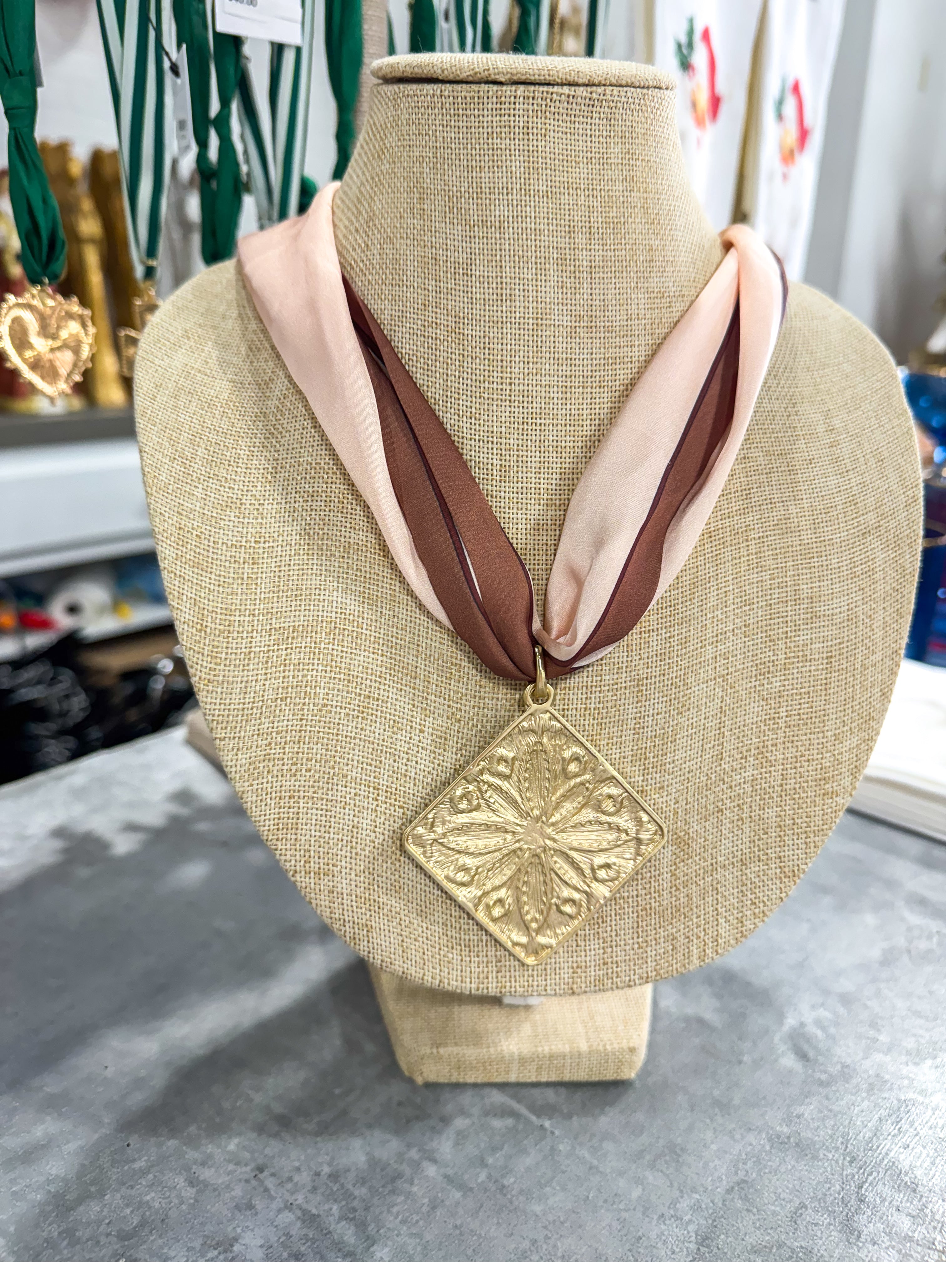 Pink & Brown Large Scarf Necklace Gold Flower Pendant