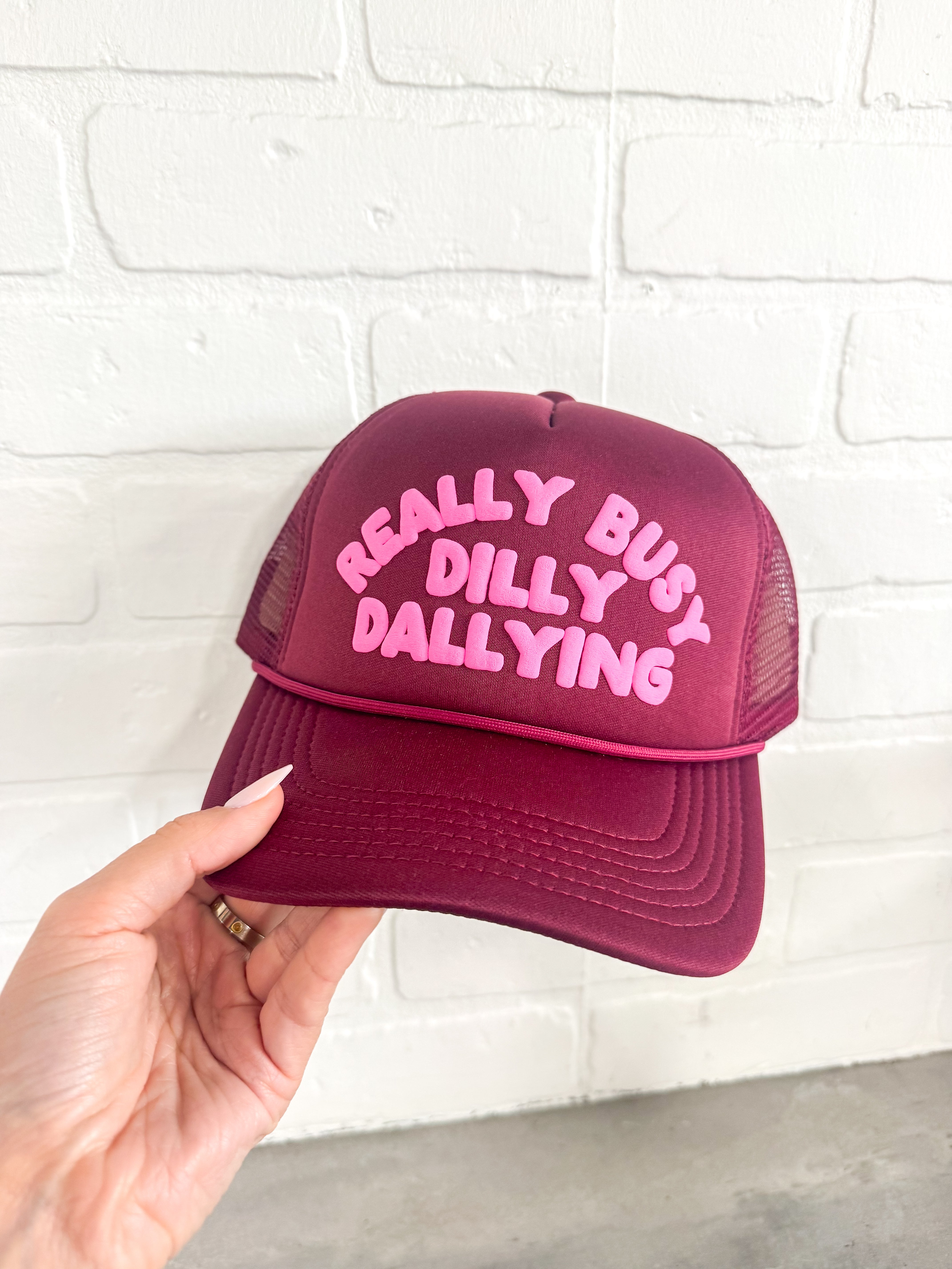 Dilly Dally Burgundy/Pink Trucker Hat
