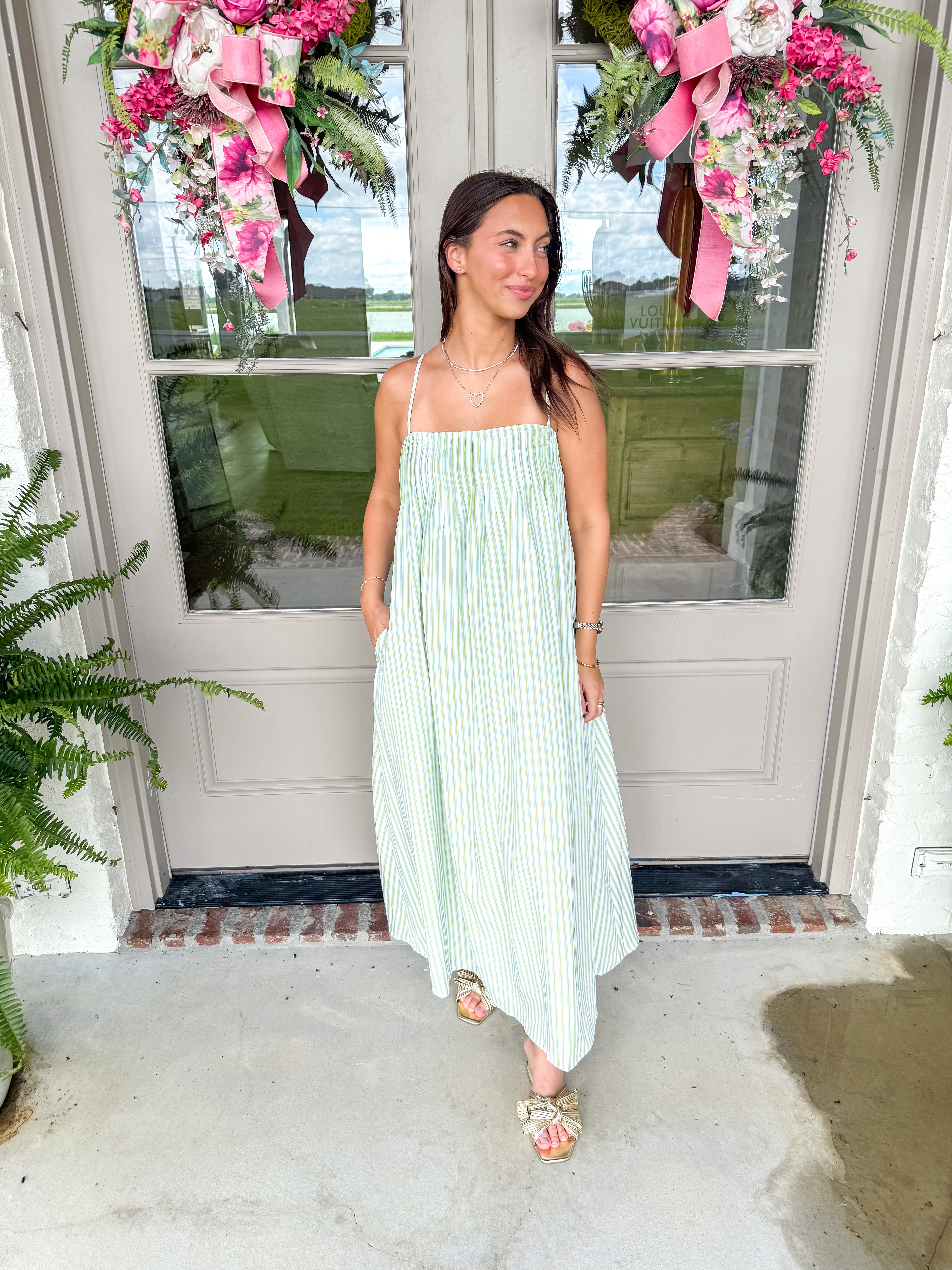 Sage & White Stripe Pleated Maxi Dress