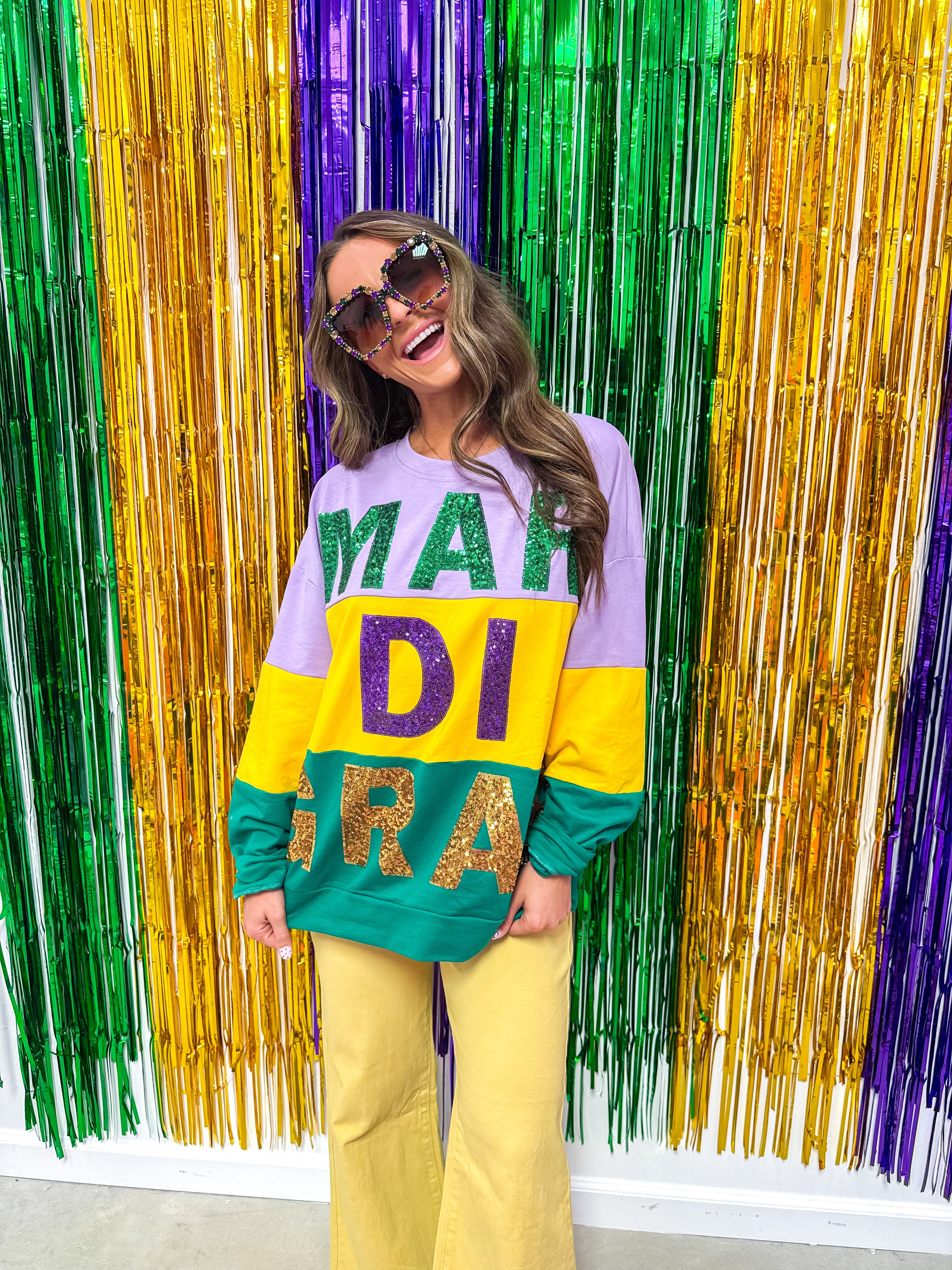 Sequin Mardi Gras Words Colorblock Sweater