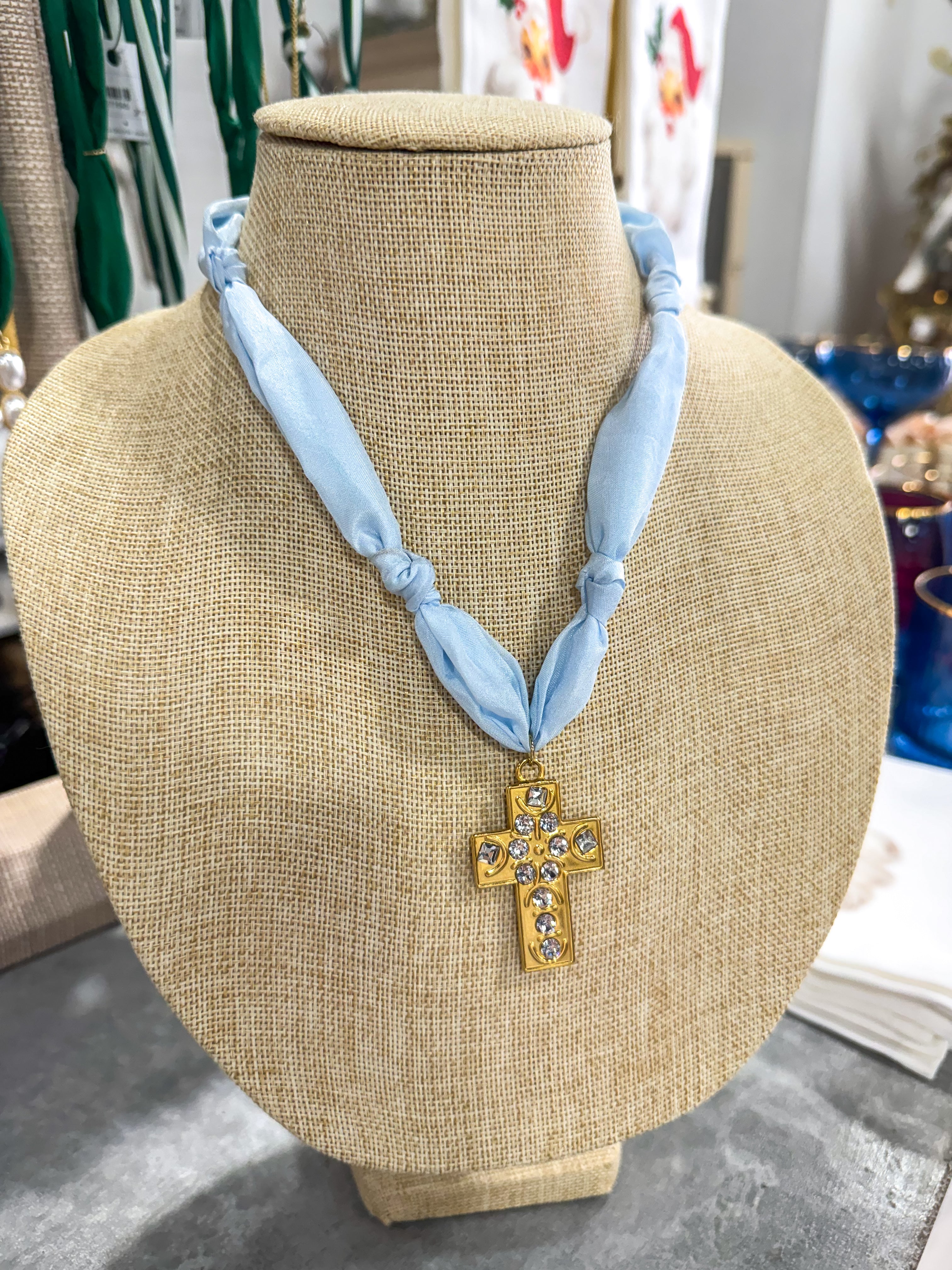 Baby Blue Cross Pendant Scarf Necklace