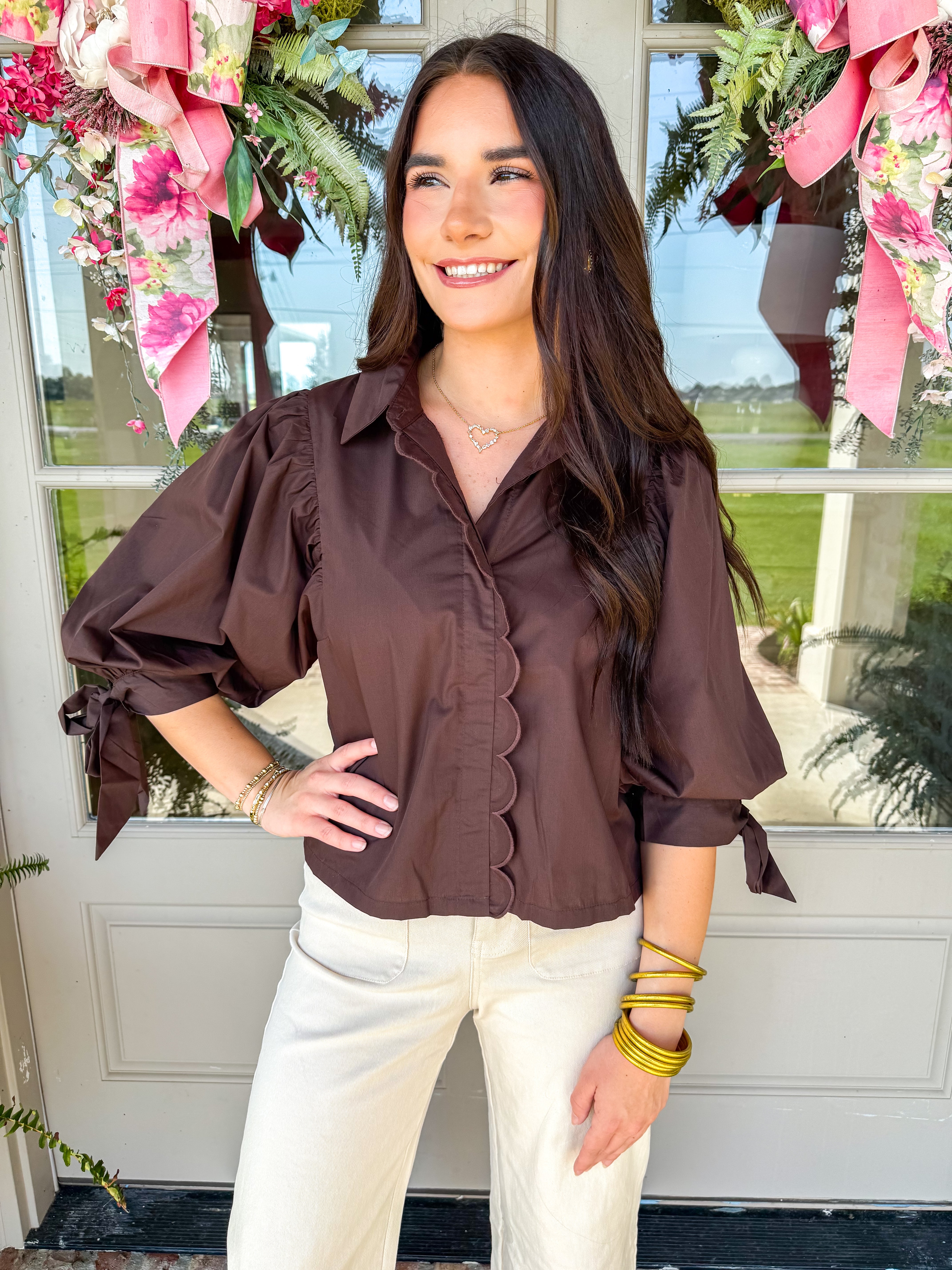 Scalloped Edge Puff Sleeve Top Brown