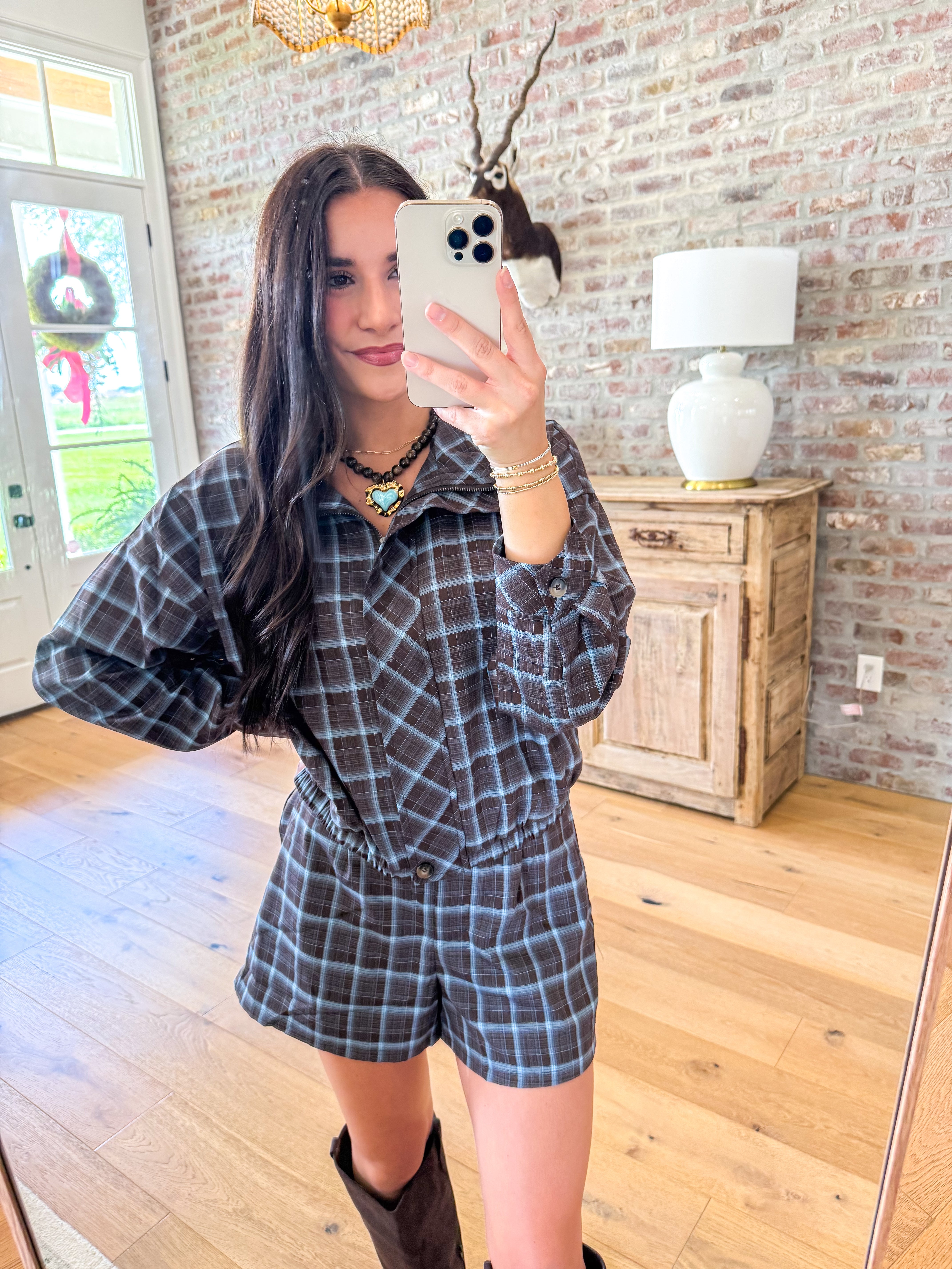 Baby Blue/Brown Plaid Zip-Up Shacket
