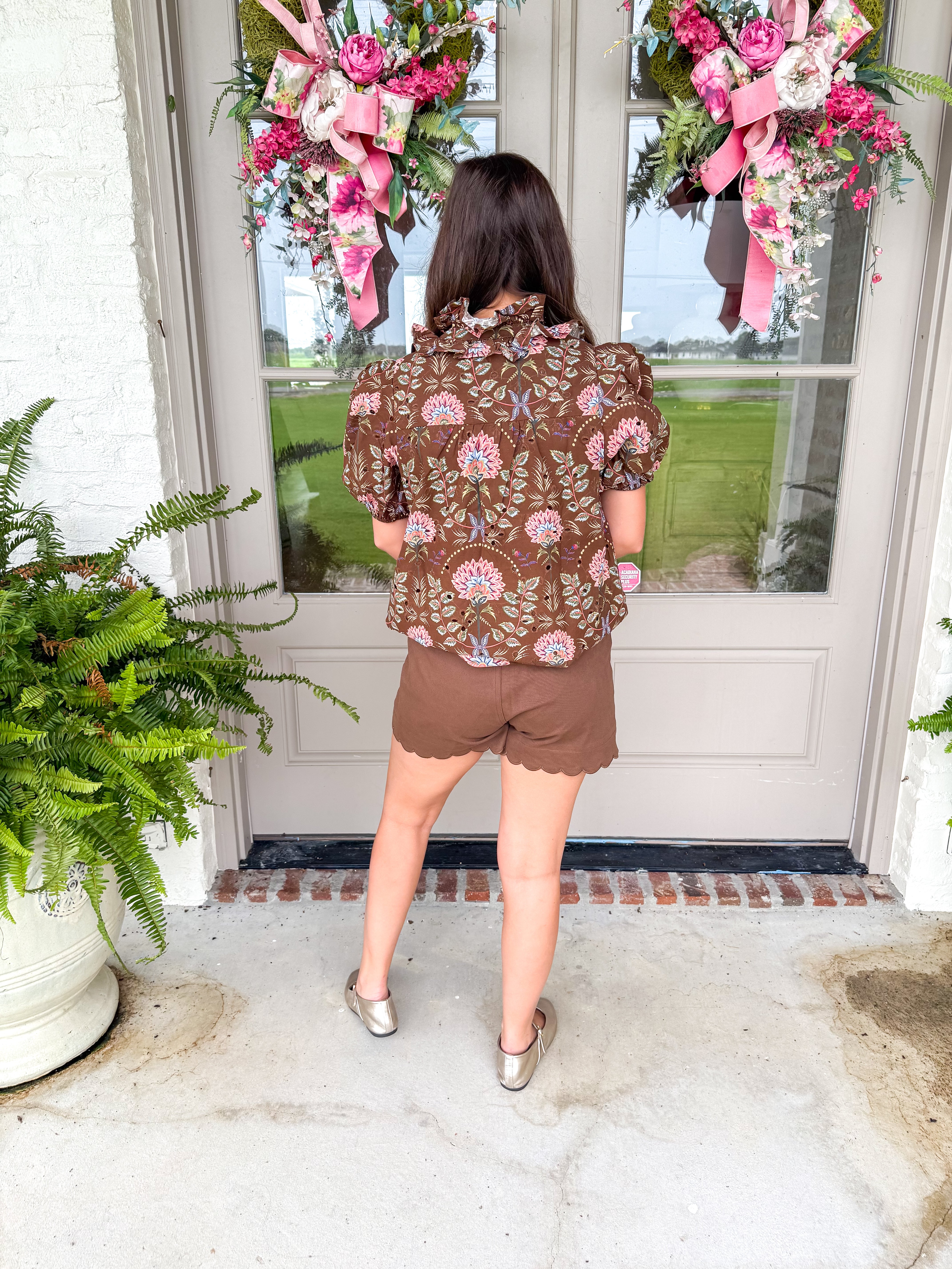 Chocolate Floral Eyelet Puff Sleeve Top