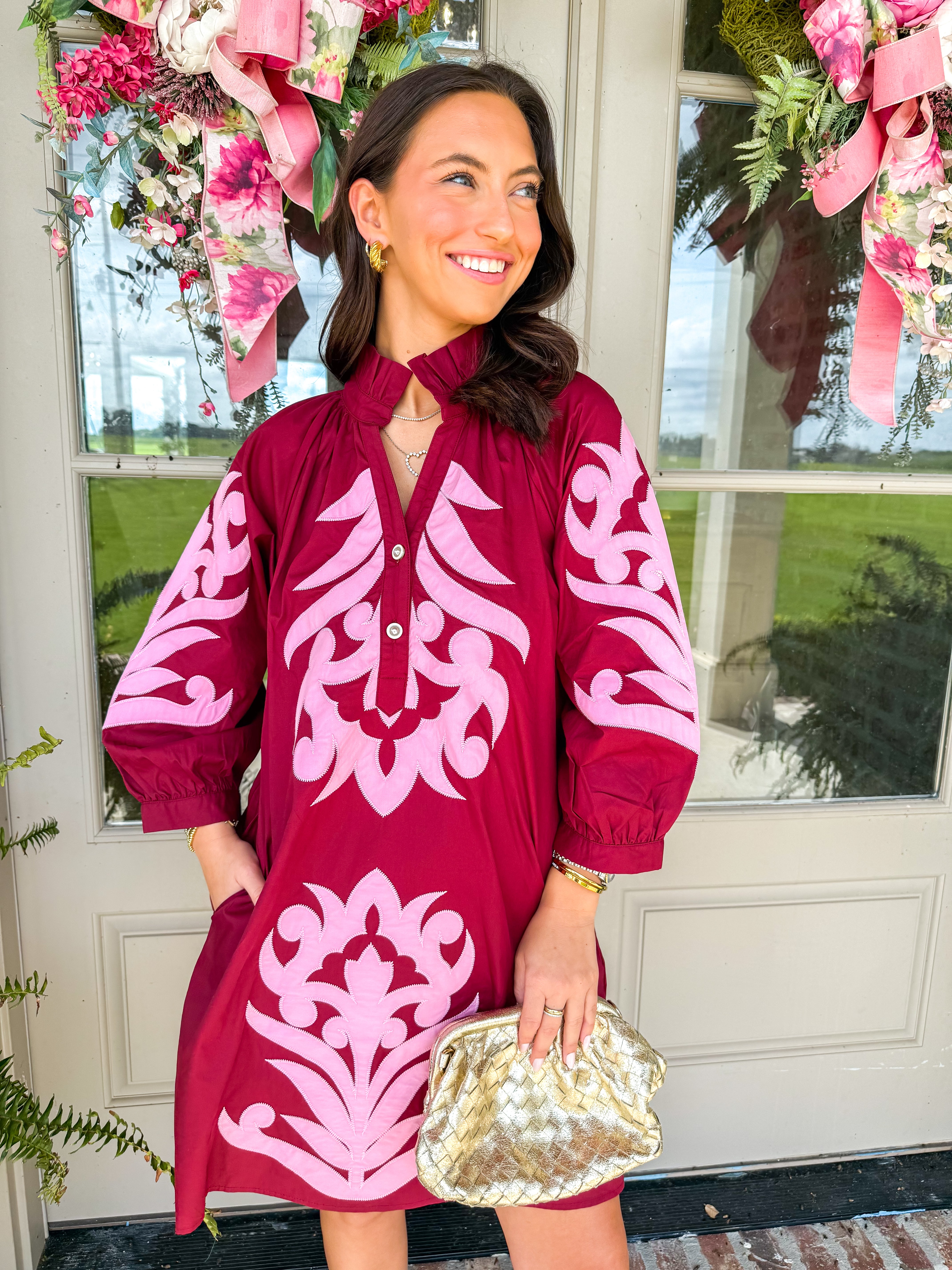 Baroque Bloom Appliqué Shift Dress Burgundy