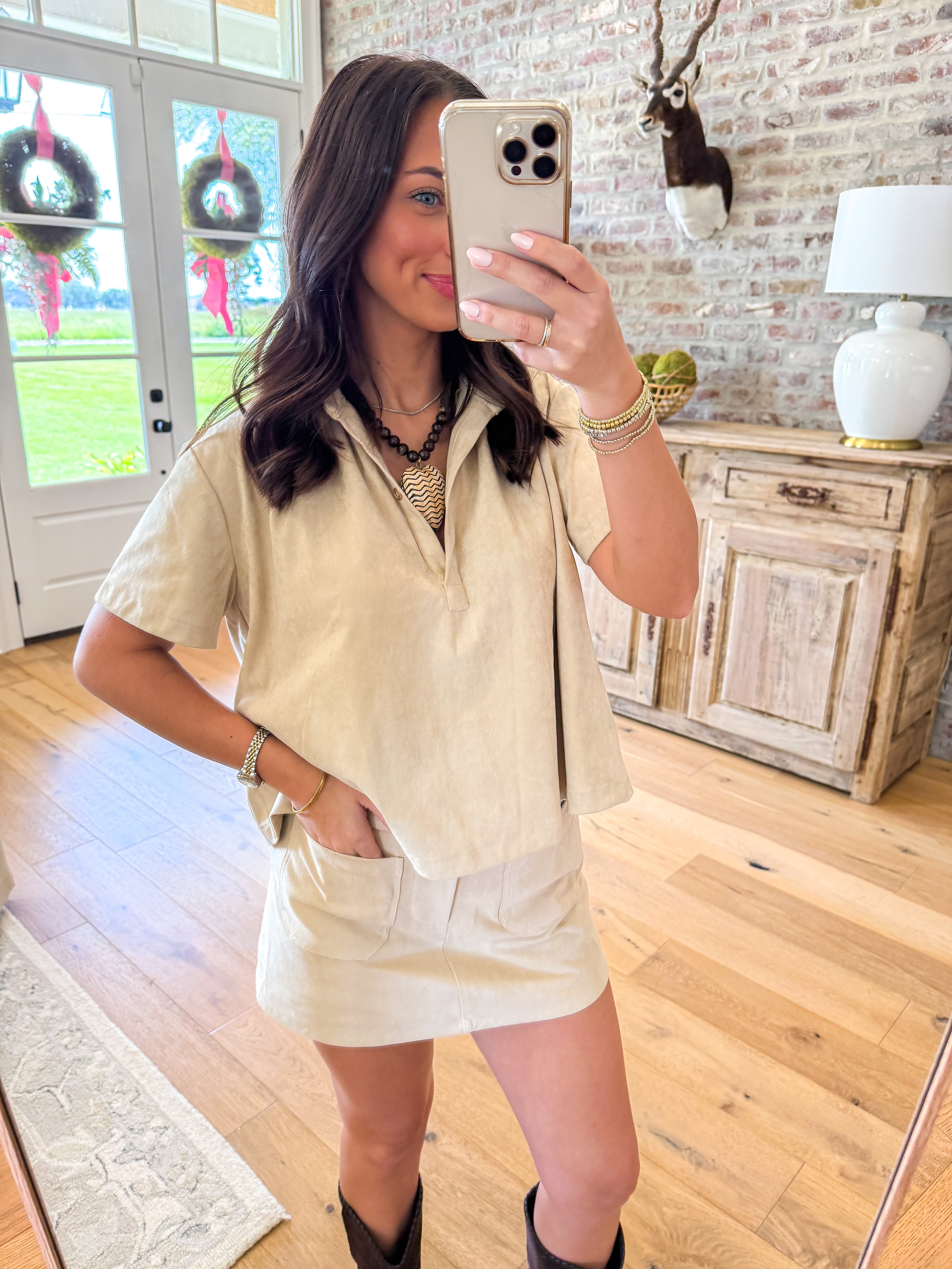 The Camille Suede Skort Set Beige