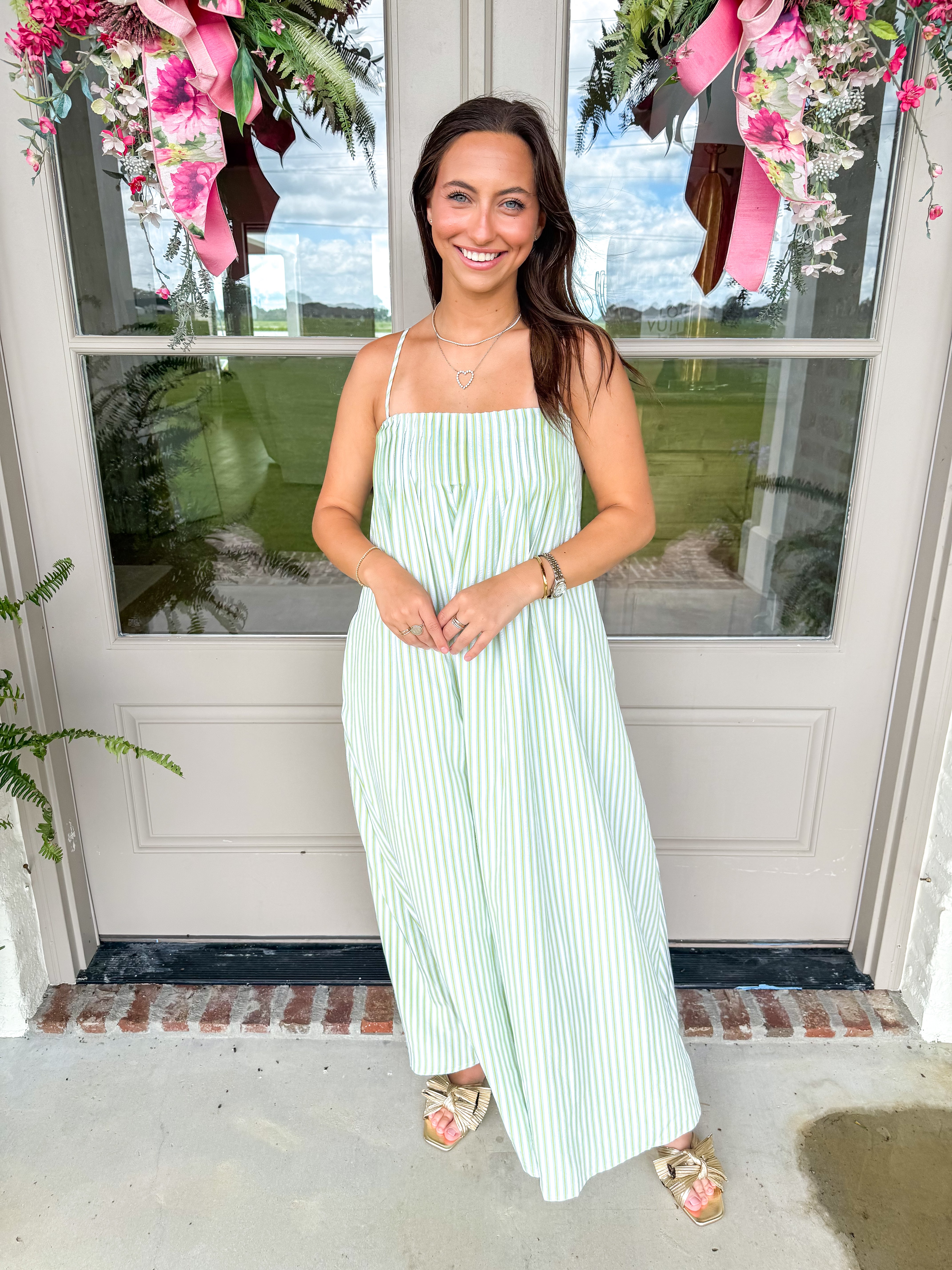 Sage & White Stripe Pleated Maxi Dress