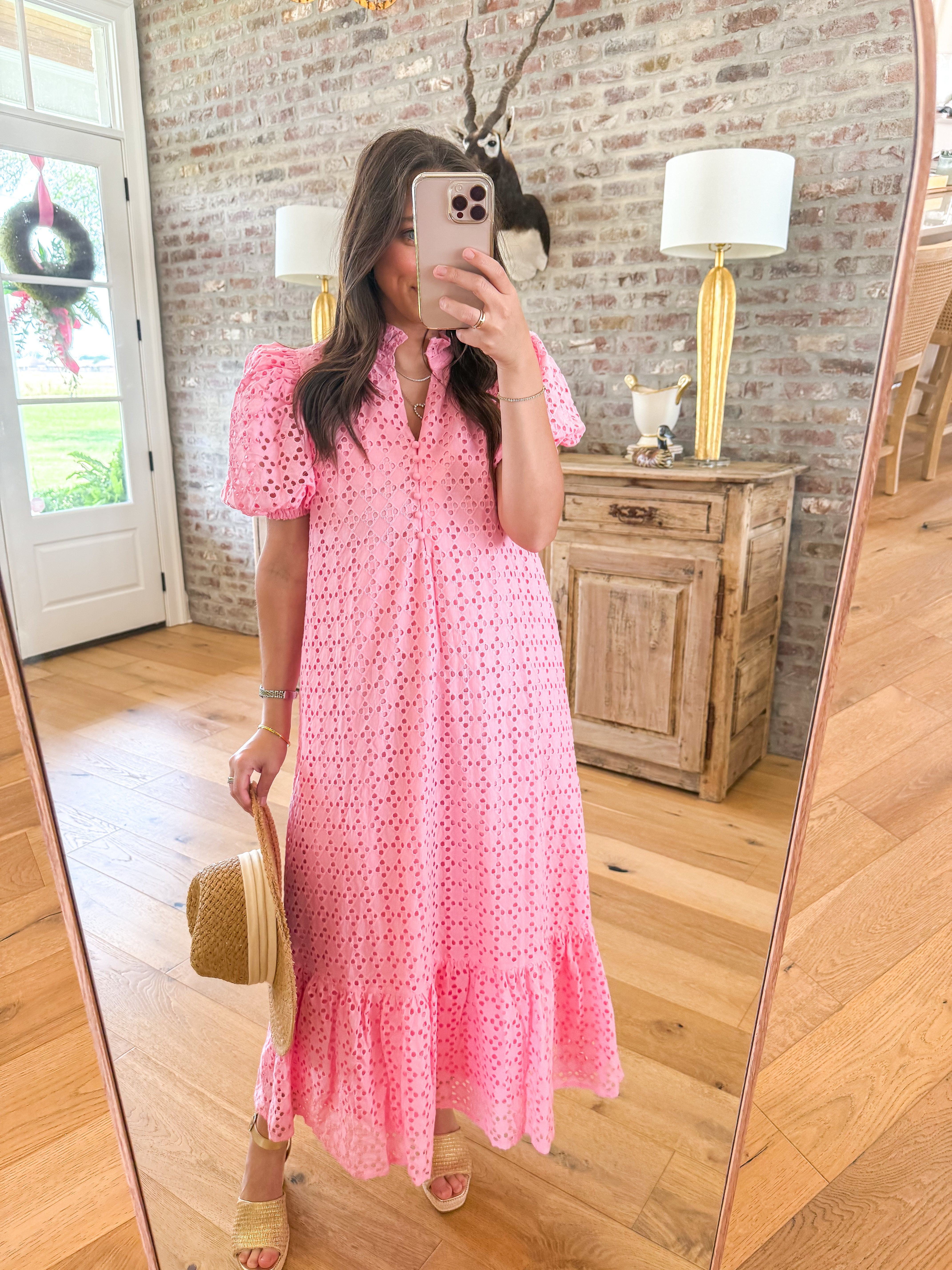 Evelyn Pink Eyelet Midi Dress