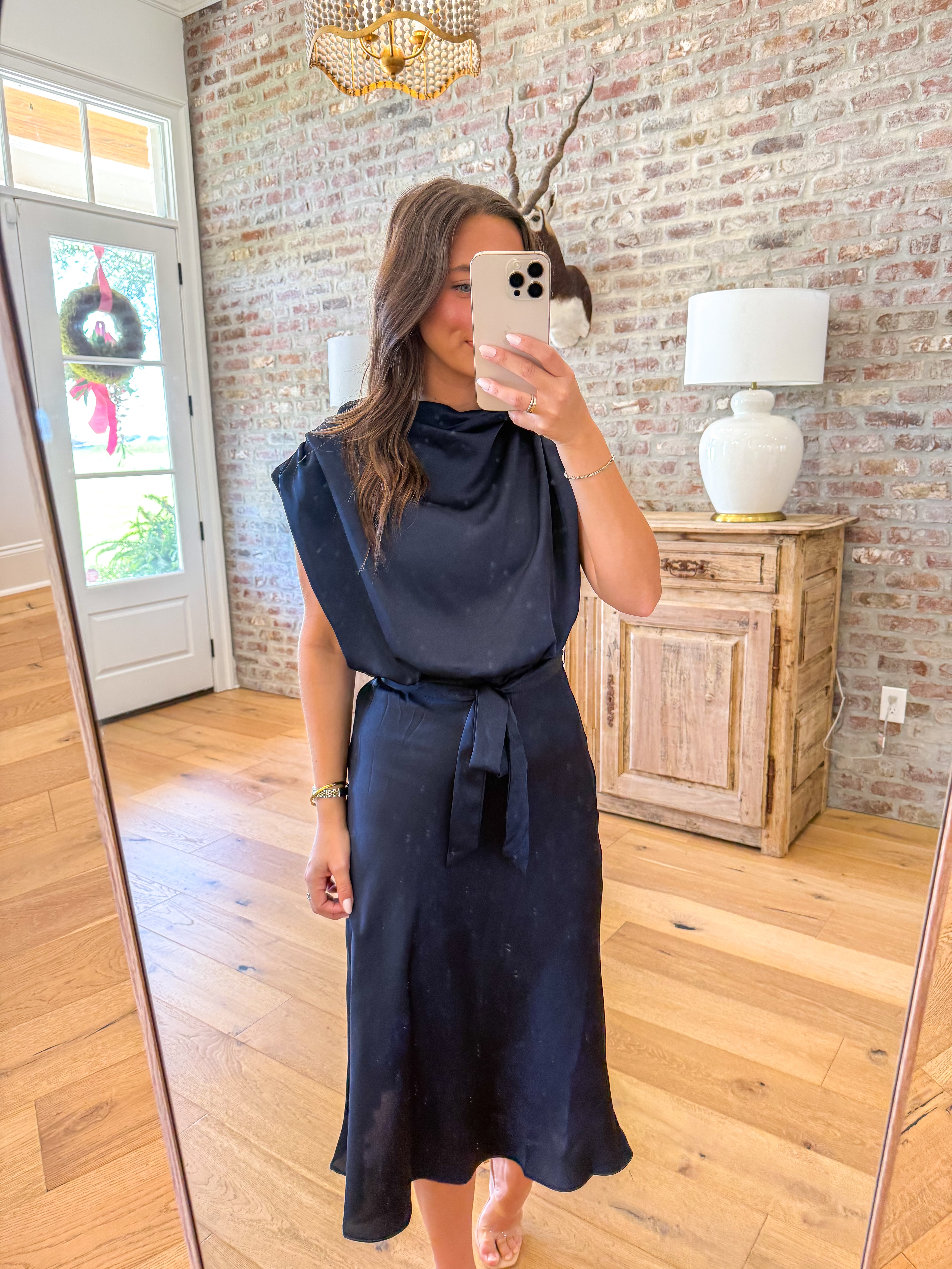 Celeste Navy Satin Midi