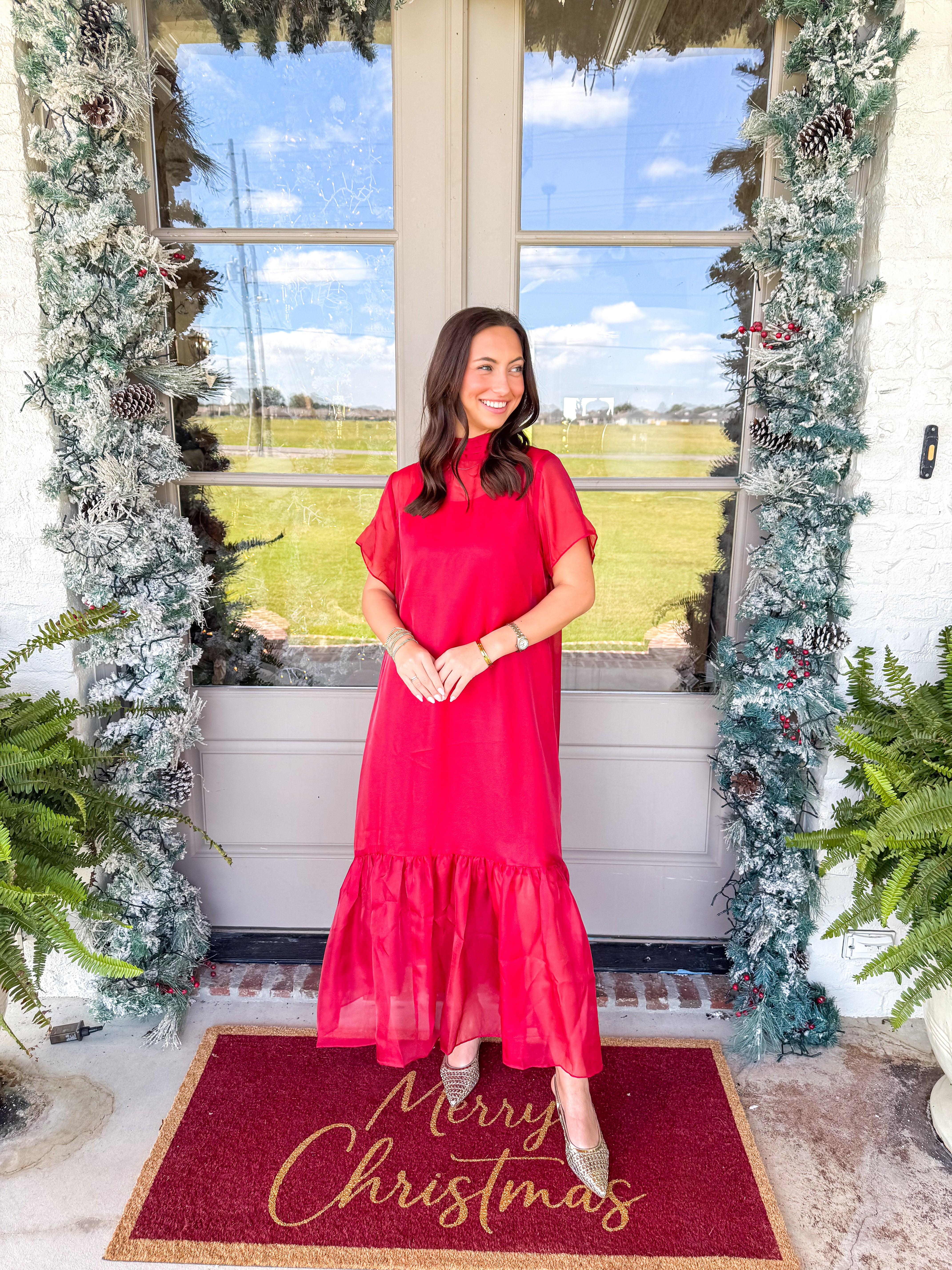 Crimson Whisper Chiffon Midi Dress
