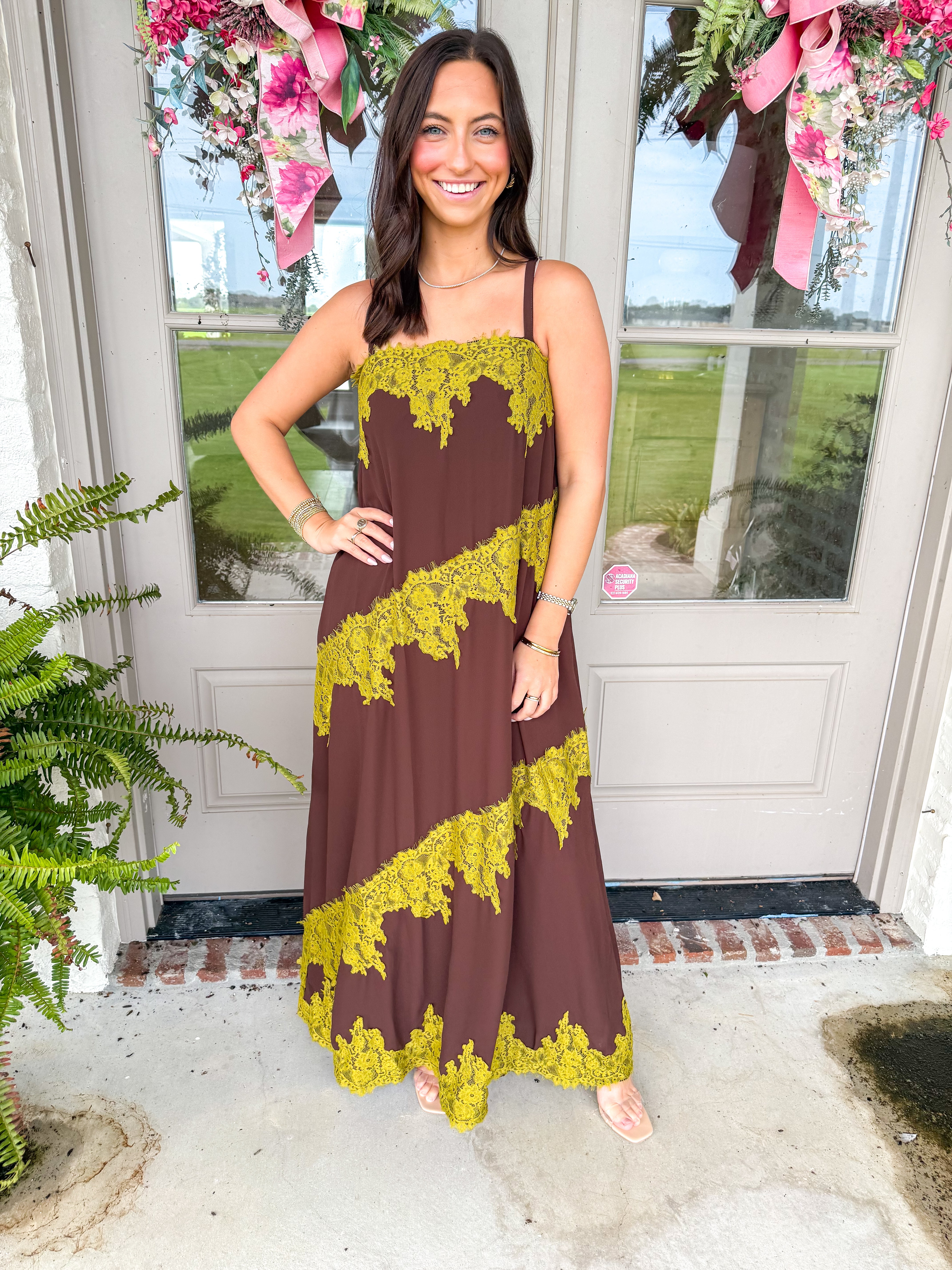 Chocolate & Chartreuse Lace Maxi Dress