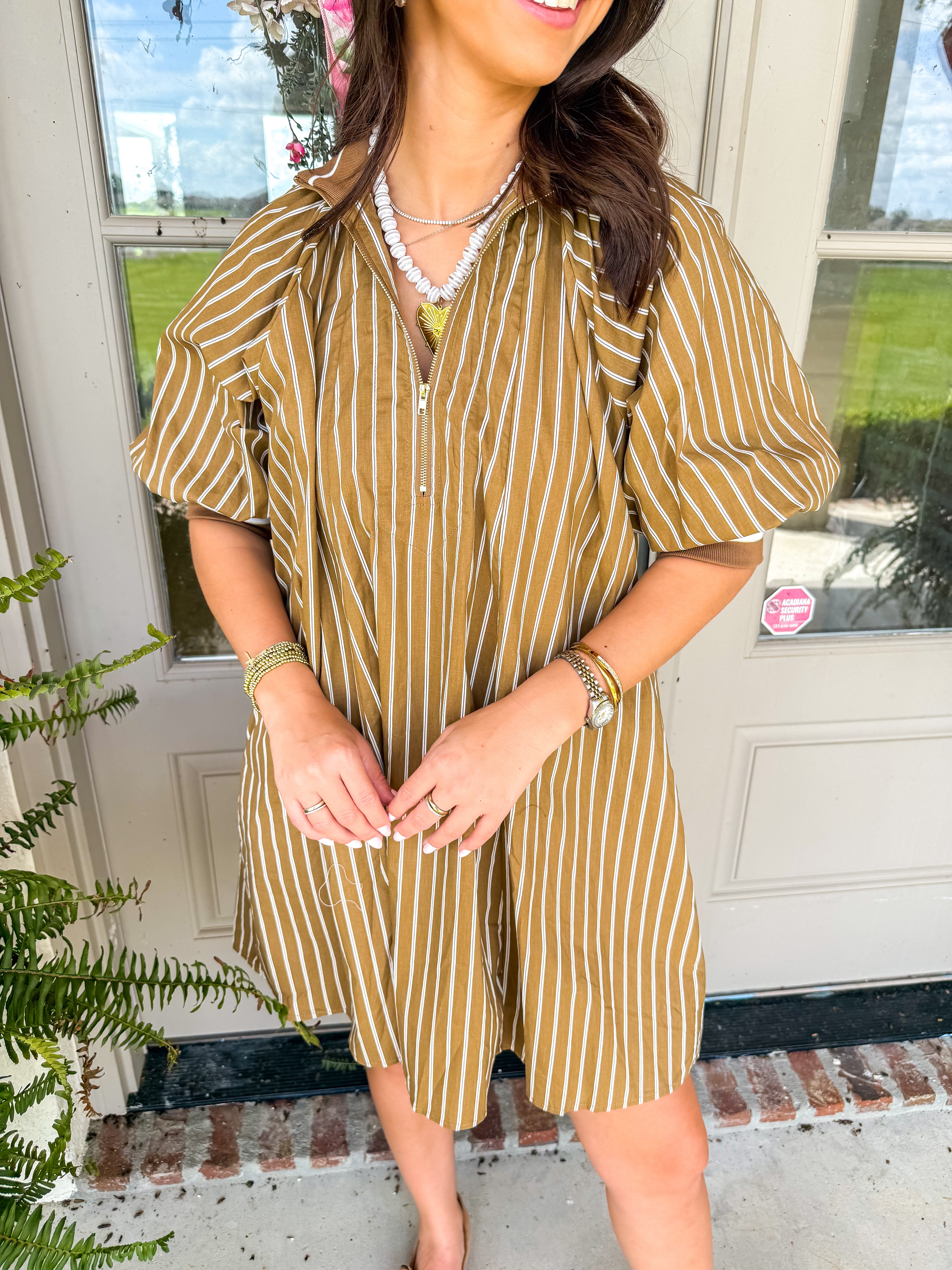 Taupe Stripe Half-Zip Mini Dress